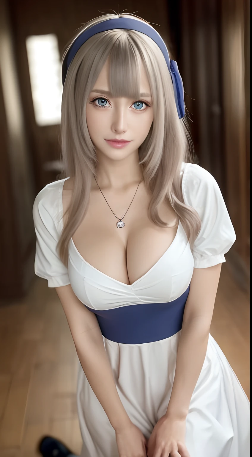 ((3 0yo women, 3 , 2 7yo (hyper extreme detailed),(masterpeace),(hyper extreme),(photorealistic),CG,(colour:1.2), beautiful lighting,light from the front, solo,smlie, mylene_rafa_holfort,sliver hair,long hair,blue hairband,hair_behind_ear,blue eyes,white long_dress,pendant,boot,