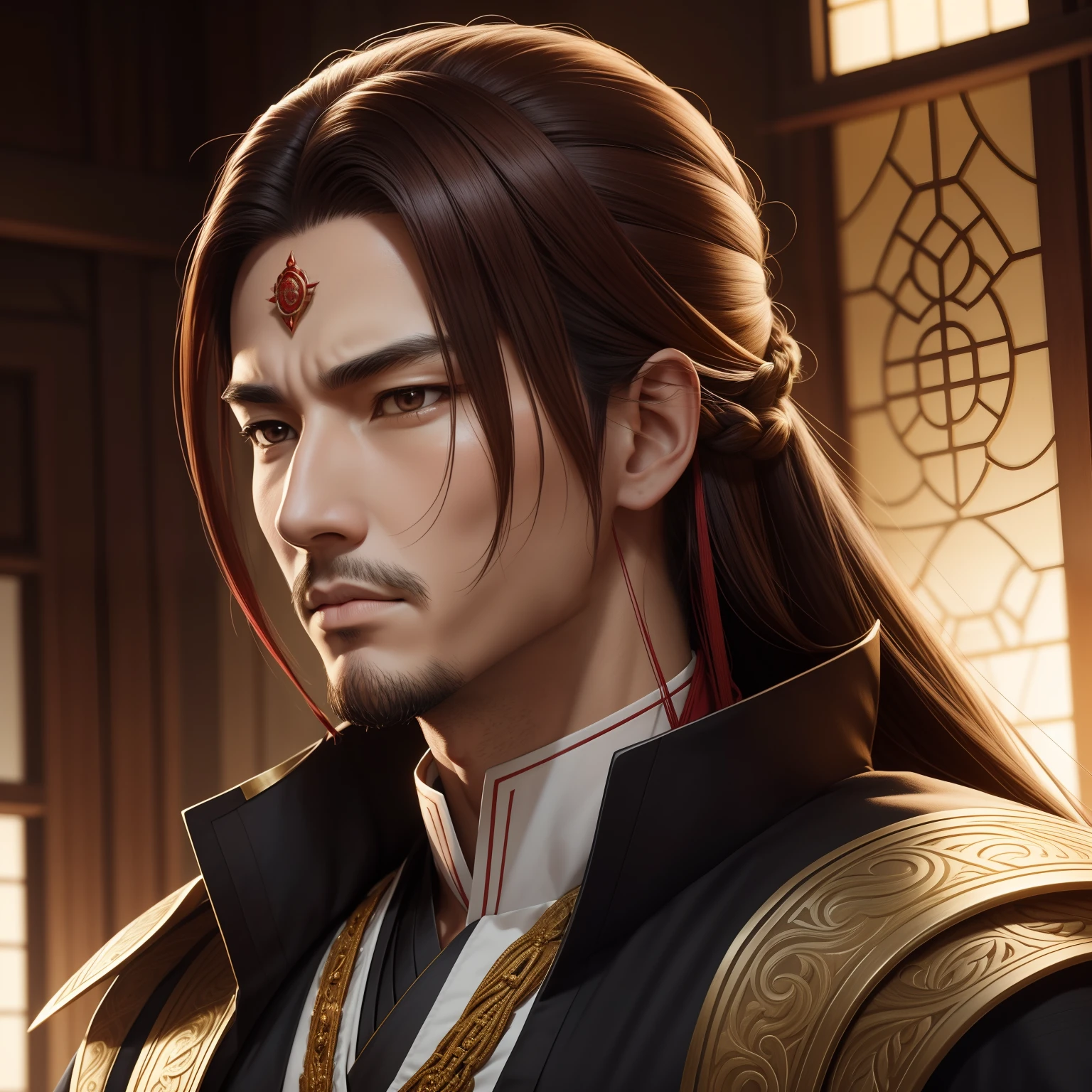 Create a historical portrait of the First Mizukage as a real-life figure from ancient times. Depict him in regal attire befitting his position as a leader, with intricate clothing details and accessories. The art style should prioritize realism, capturing the First Mizukage's facial features, dignified expression, and his aura of authority. The camera shot should be a close-up, focusing on his face and upper body. Utilize warm and balanced lighting to highlight his features. Opt for a 135mm+ camera lens to provide fine details. Render the image in 4K resolution for historical accuracy.