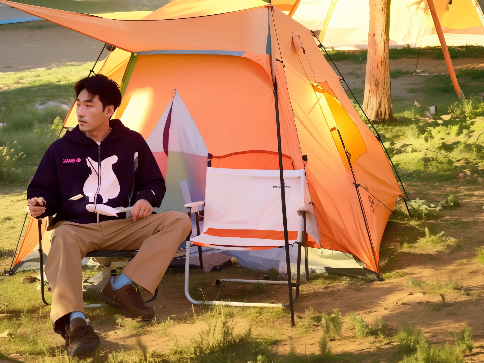 There was a man sitting in a chair next to the tent, camping, #overclocking, # overclocking, 🕹️ 😎 🔫 🤖 🚬, he is at camp, tent architecture, tenten, product introduction photos, exclusive, yuru camp, album photo, photoshoot, glamping, Kim Do-young, 4 0 9 6, Outdoors, 🤬 🤮 💕 🎀