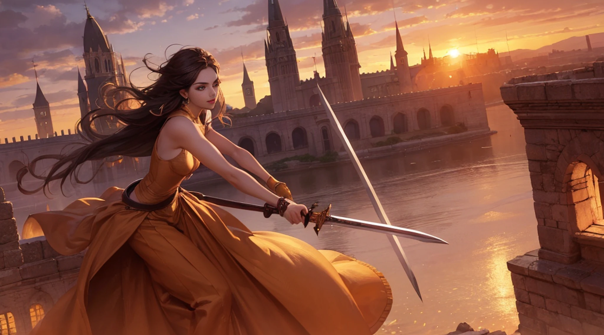 Anita, best quality, (beauty), 1 girl, render based on physics, narrow waist, thin, big eyes, long legs, (small breasts), swollen eyes, facing the castle, late afternoon, (sunset), facing the viewer, fighting posture, (holding a sword and shield), firm expression, --auto