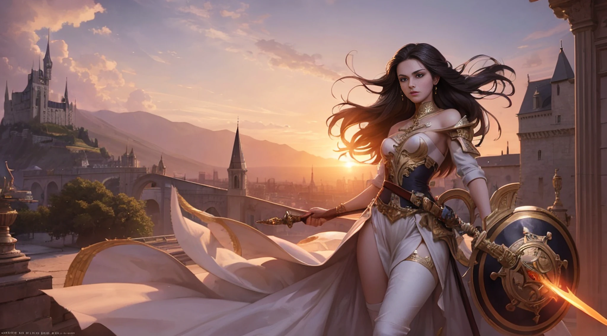Anita, best quality, (beauty), 1 girl, render based on physics, narrow waist, thin, big eyes, long legs, (small breasts), swollen eyes, facing the castle, late afternoon, (sunset), facing the viewer, fighting posture, (holding a sword and shield), firm expression, --auto