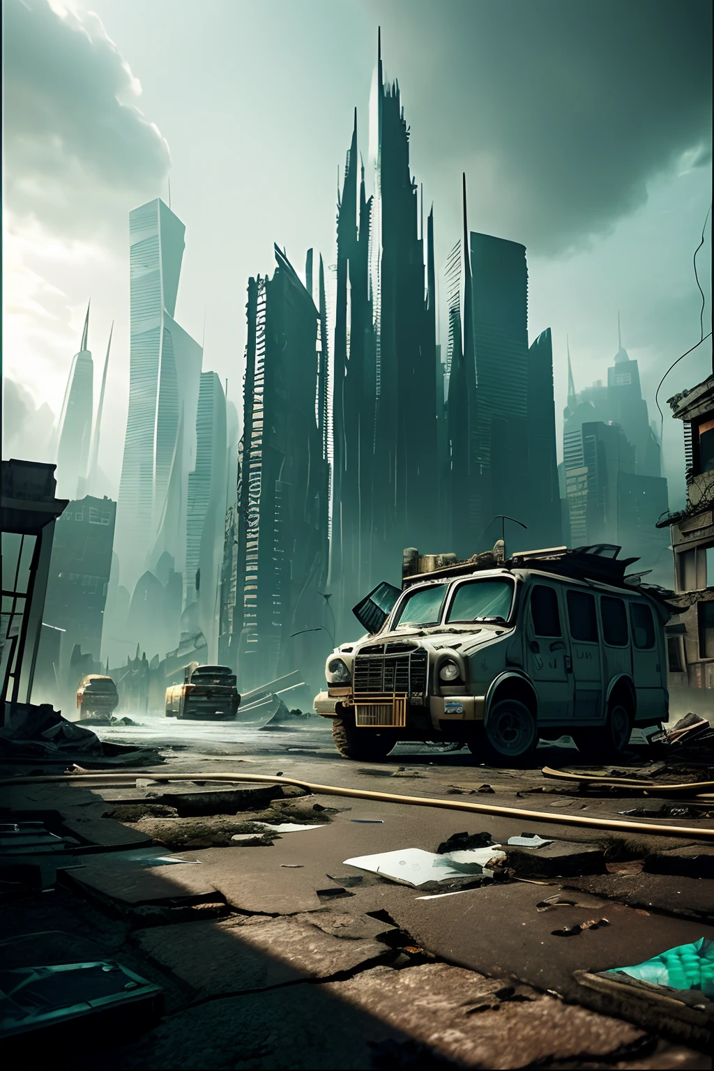 Post-apocalyptic futuristic city，shattered crystal spires，Rubble-strewn streets，broken machanical，binh，armored car，dark cloude，very heavy rain，Heavy fog，salama，There are large water stains on the ground，Vines on the windows of the house，Grows from cracks in the walls，There was a fire in the distance，looking down on the camera，{com cores neutras：0.7}，cinema shot，the complex background，Old times, ((Masterpiece: 1.3)), 8K