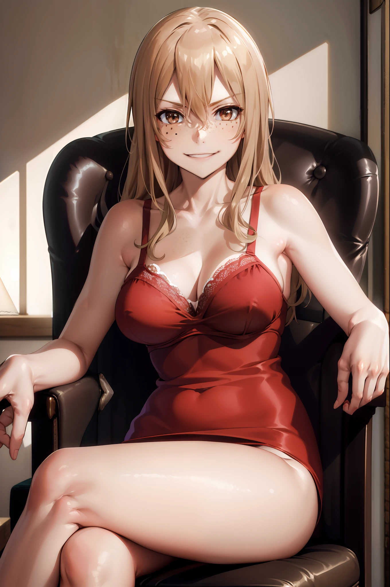 masterpiece, best quality, highres, aoki1, brown eyes, freckles, bra, thong, indoors, chair, sitting, crossed legs, evil smile, crossed arms,