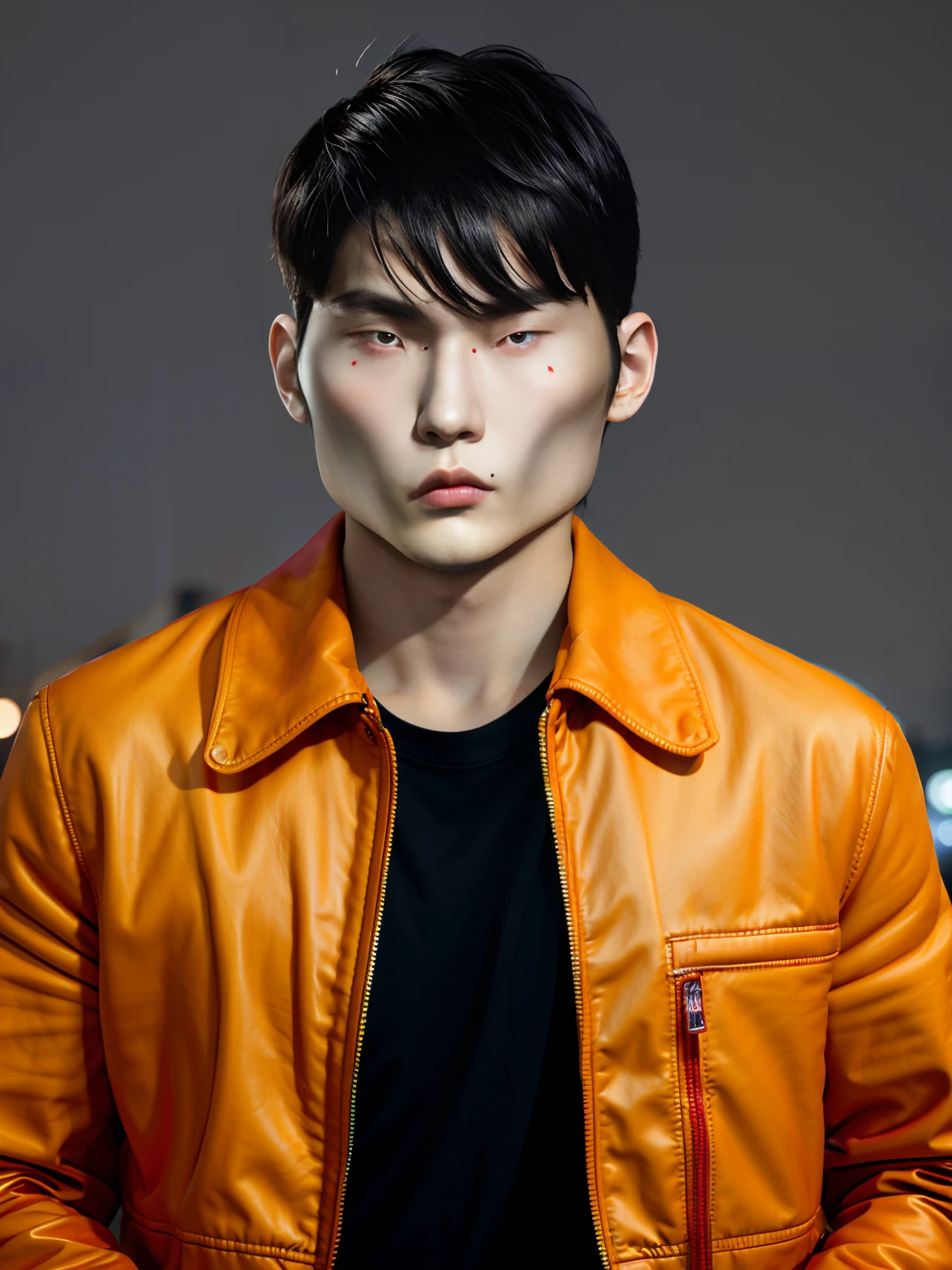 A Chinese male high school student,Wear a sports raincoat in PVC,There are zippers