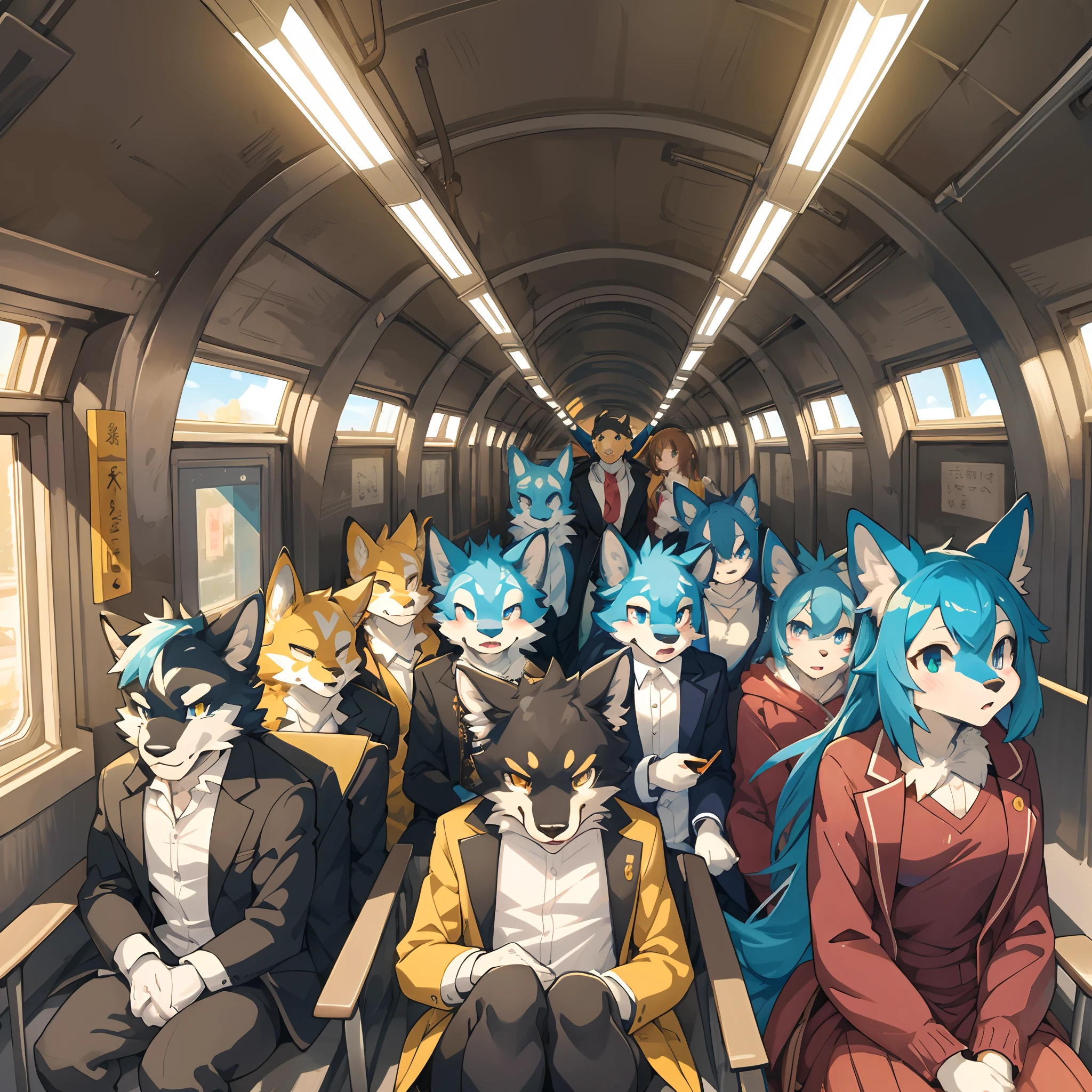 top quality, best quality, High-quality illustrations, masterpiece, super high resolution, detailed background, In the tunnel, train interior, salary, suits, student, standing, sitting, 6+boys, 6+girls, absurdres(highly detailed beautiful face and eyes)perfect anatomy, expression, good lighting, cinematic shadow(kemono, furry anthro)assorted poses, dynamic angle,