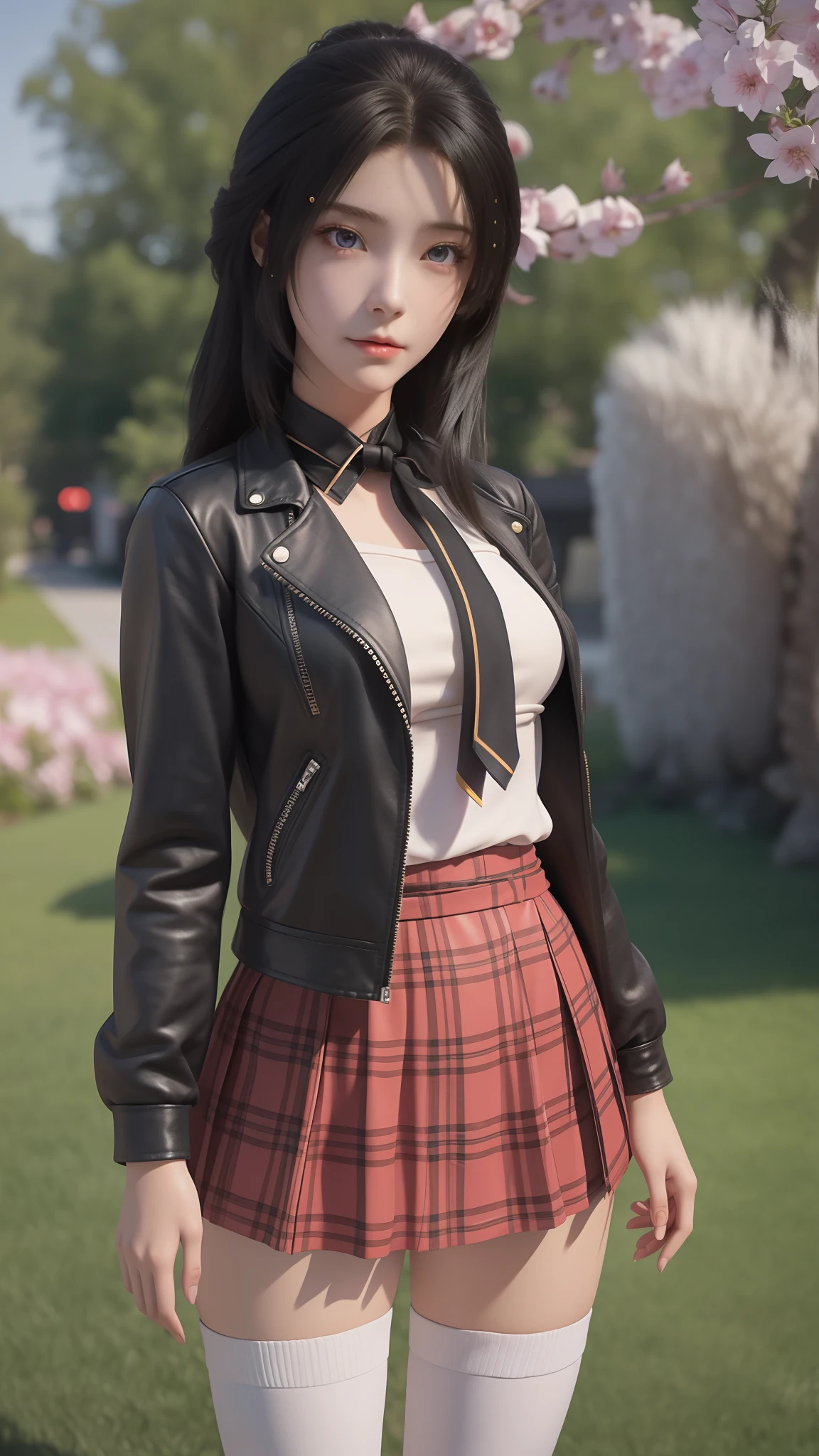 There is a woman in a short skirt and jacket posing for a photo, Surrealism female students, Surrealism female students, Realistic schoolgirl, photorealistic anime girl rendering, small curvaceous , thighhighs and skirt, 3 d anime realistic, highly detailed giantess shot, Photorealistic anime, photorealistic full body, [ 4 K photorealism ]!!