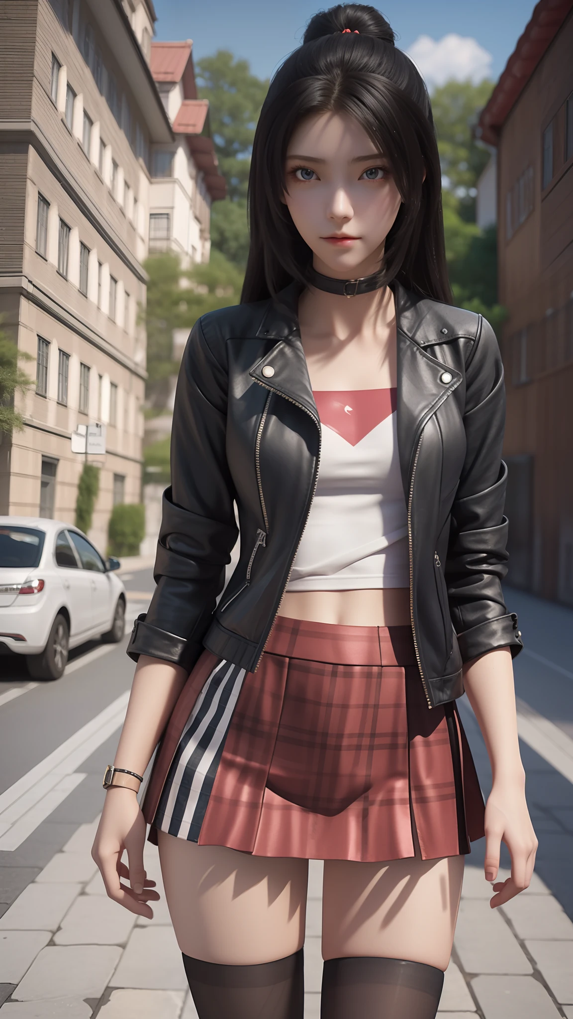 anime - style image of a woman in a short skirt and jacket, a photorealistic painting by Kentaro Miura, Trend of CGsociety, conceptual art, Smooth anime CG art, made with anime painter studio, Realistic anime 3 D style, photorealistic anime girl rendering, drawn in anime painter studio, Photorealistic anime, anime styled 3d, 3 d anime realistic