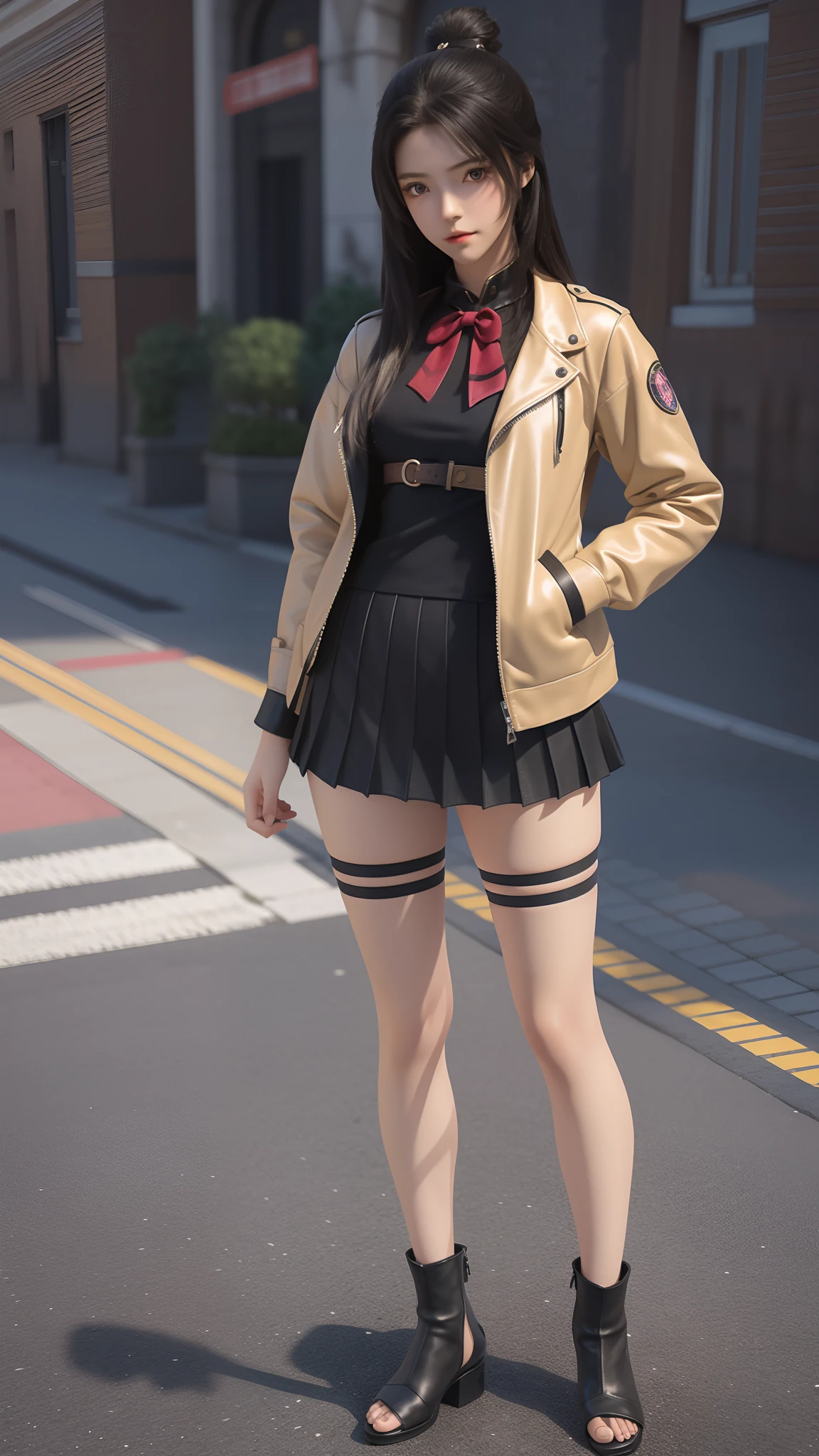 There is a woman in a short skirt and jacket posing for a photo, Surrealism female students, Surrealism female students, Realistic schoolgirl, photorealistic anime girl rendering, small curvaceous ****, thighhighs and skirt, 3 d anime realistic, highly detailed giantess shot, Photorealistic anime, photorealistic full body, [ 4 K photorealism ]!!