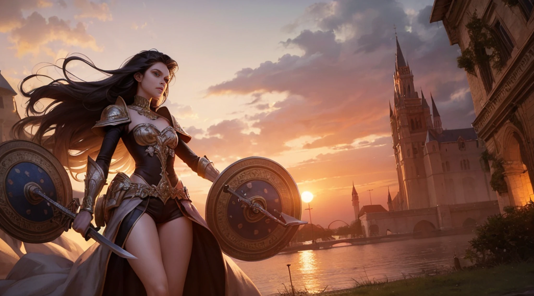 Anita, best quality, (beauty), 1 girl, render based on physics, narrow waist, thin, big eyes, long legs, (small breasts), swollen eyes, facing the castle, late afternoon, (sunset), facing the viewer, fighting posture, (holding a sword and shield), firm expression, --auto