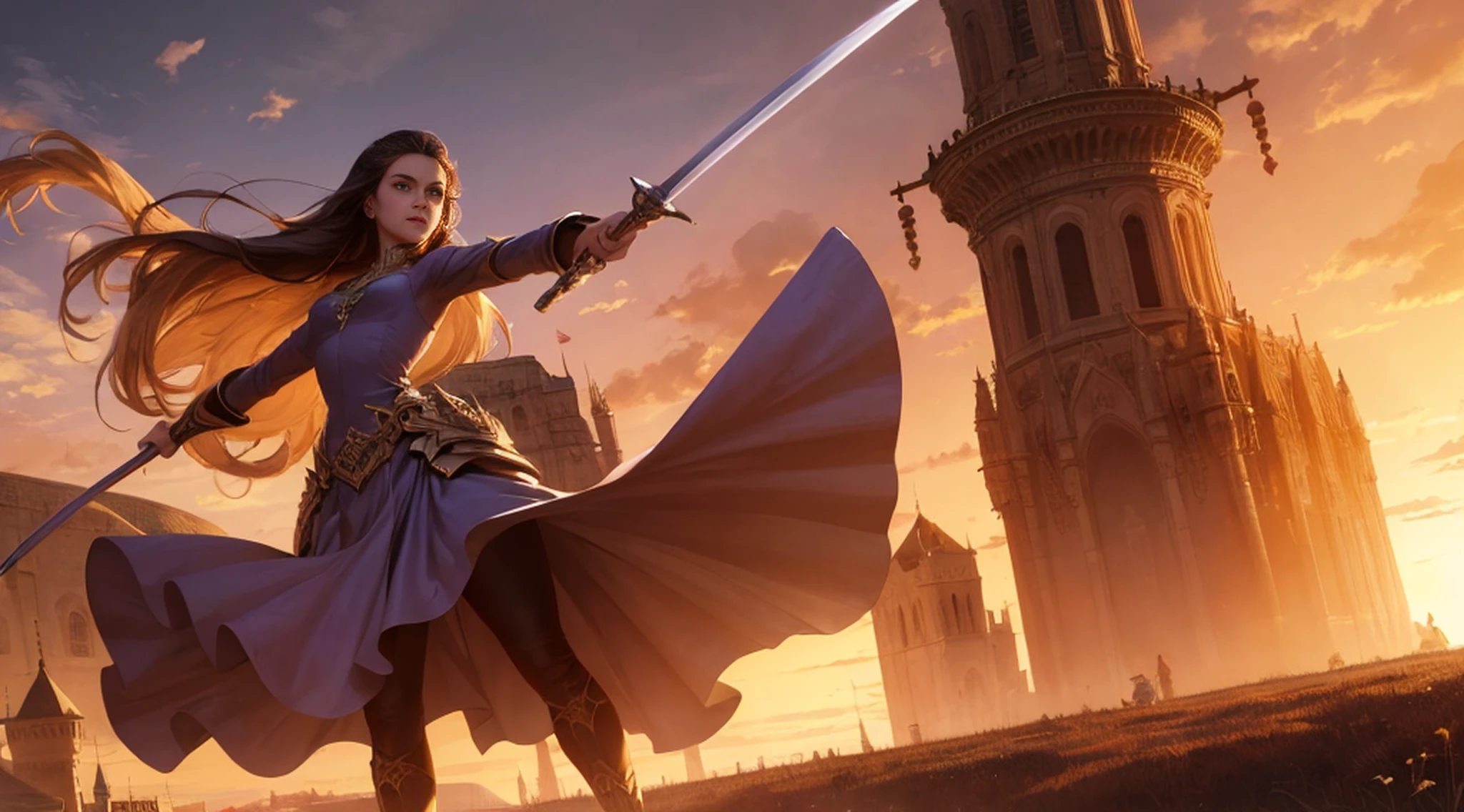 Anita, best quality, (beauty), 1 girl, render based on physics, narrow waist, thin, big eyes, long legs, (small breasts), swollen eyes, facing the castle, late afternoon, (sunset), facing the viewer, fighting posture, (holding a sword and shield), firm expression, --auto
