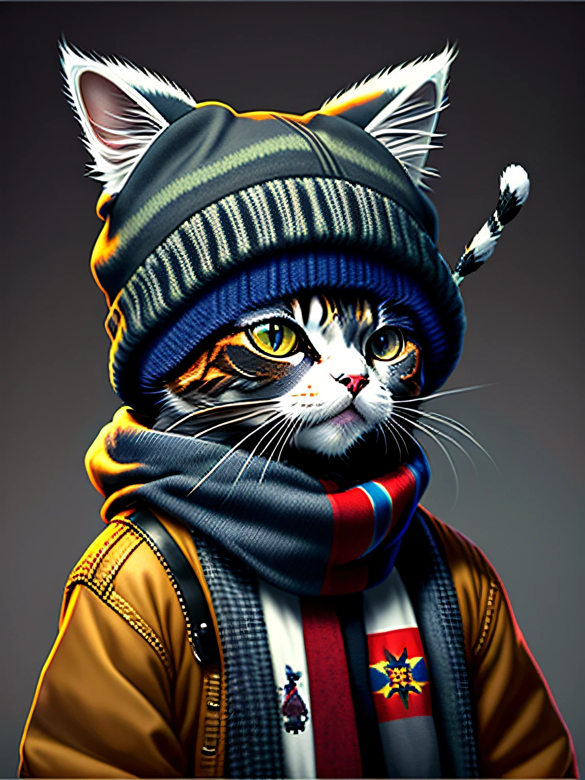 Picture of a cat in a hat and scarf,art-style,punk clothing,Ultra-realistic detailed rendering,British gang members,Urban style,intimidating pose,planet of cats,fashionable attire,urbansamurai,Mewtwo,West Slavic features,8 1 5。