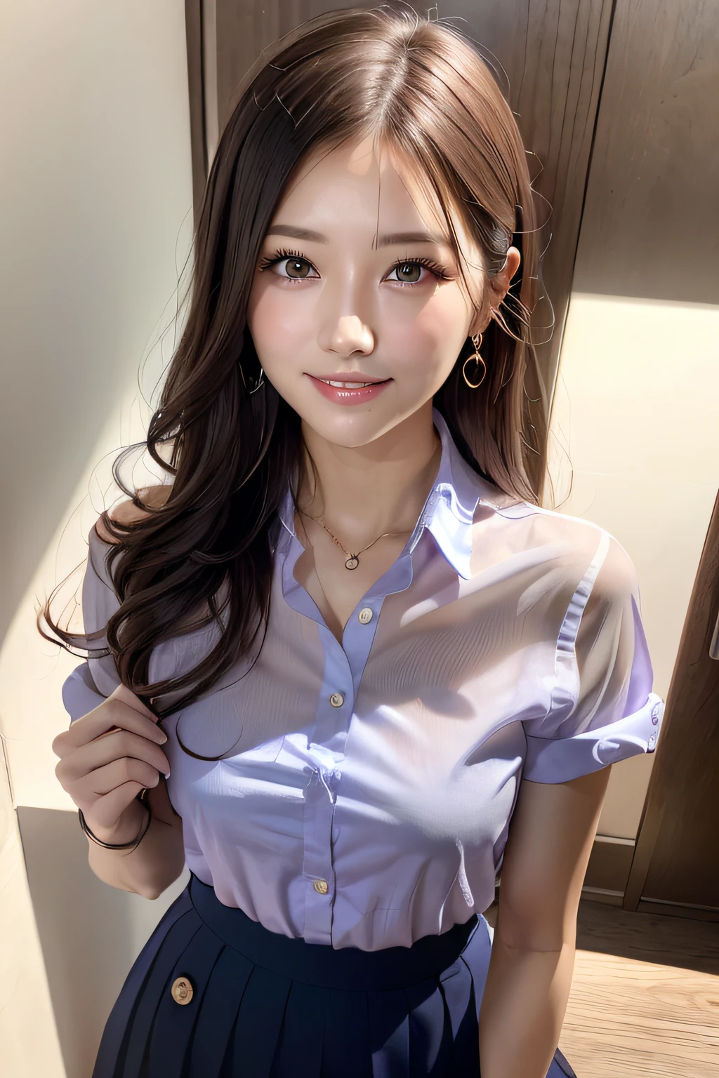 first-person-view, (masterpiece:1.3), high resolution, ultra detailed, extremely detailed CG unity 8k wallpaper, realistic, photo-realistic, RAW photo, beautiful detailed face, pale skin, realistic glistening skin, detailed cloth texture, detailed hair texture, Perfect body, Beautiful Face, accurate, Anatomically correct, Highly detailed face and skin texture, natural neck length, (beautiful hands), (fair skin:1.2), Thin legs, Thin feet,
BREAK,
Detailed eyes, symmetric eyes, Light Brown eyes, Double eyelids, Thin eyebrows, (Glossy lips:1.4), ((gently smile:1.2)), (blush:1.1),
BREAK,
(A Classy and Cute girl:1.3), (wearing a classy (Light Purple) Button shirt:1.2), ((Navy) long irregular hem skirt:1.2), close the button, (long skirt),
medium breasts, (slender figure:1.1), firm abs, beautiful clavicle,
(Dark blonde hair, wavy hair, long hair:1.2), ((asymmetrical bangs:1.2)),
BREAK,
((Guts pose:1.3))
((in the modern office of Japan)), (Cowboy shot:1.2), looking at viewer, view from slightly below,