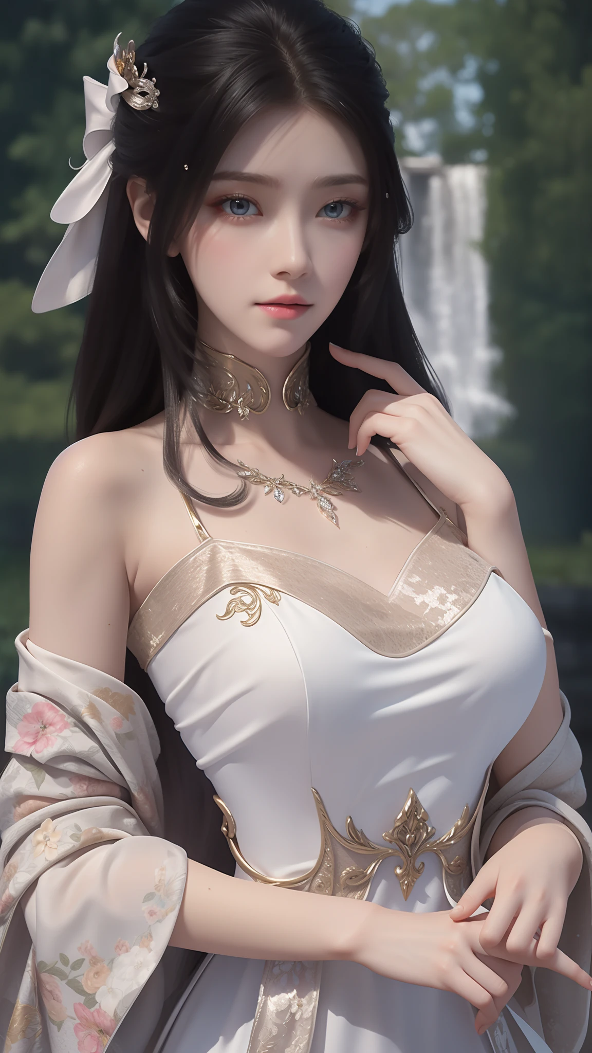 tmasterpiece,Best picture quality,HD 8K wallpaper,Beautiful picture,Elegant single woman,Round dress,Shiny eyes,Detail at its best,An exquisite masterpiece,Pure beauty and lightness,Moderately aesthetic,Gentle and elegant,Attention to detail,Cyan white lace round princess dress,Immortal