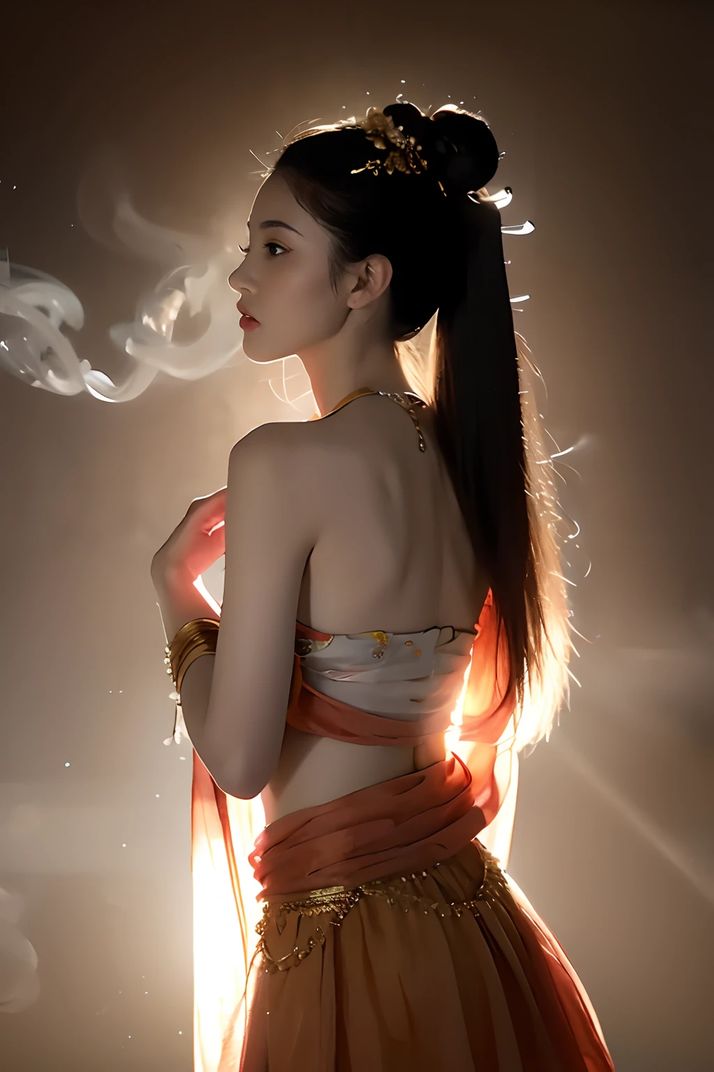 1girl, Dunhuang Flying Apsaras costume, messy long hair, Ji Jian, Dunhuang style, a lot of smoke, superb, elegant colors, (realistic, high detail, masterpiece, super detailed, dynamic angle, mural background, ink wash, amazing, movie lighting, illustration, chiaroscuro, backlighting, god rays, holland, best quality, best quality