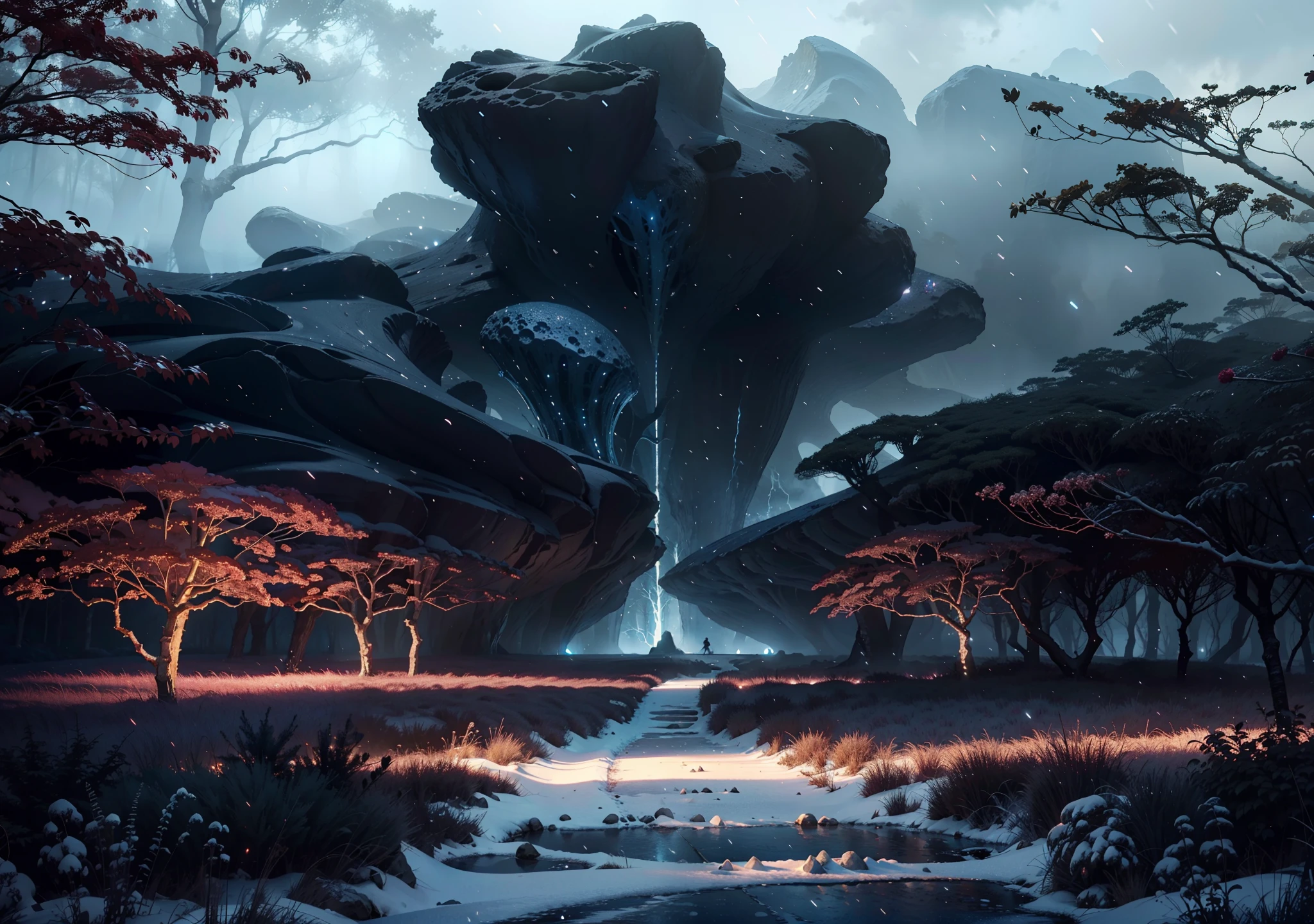 official art, unity 8k wallpaper, ultra detailed, aesthetic, masterpiece, best quality, (photorealistic:1.2), Luminous roseA high-definition CG rendering of a dark rose forest. a rose path, long floating blue roses on the ground, fireflies, luminous ovules and lava crystal light effects, snowstorm style art trend, magical light fog, low light at night