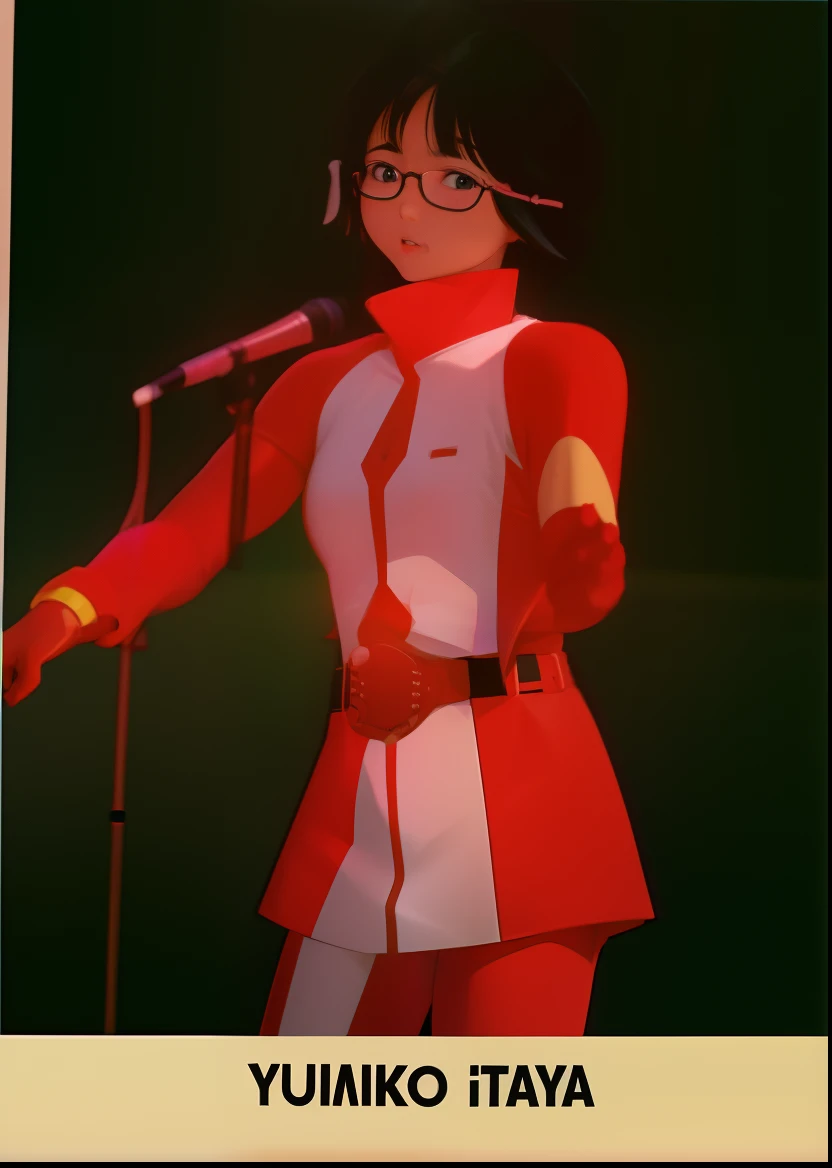 Yumiko Itaya, black hair, seiko-chan cut, bangs, round glasses, red and white outfit, red finger cut gloves, on stage, performing