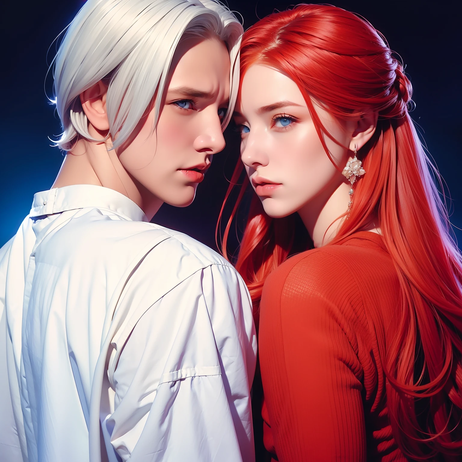 Woman with red hair and orange eyes with a man with medium white hair and blue eyes