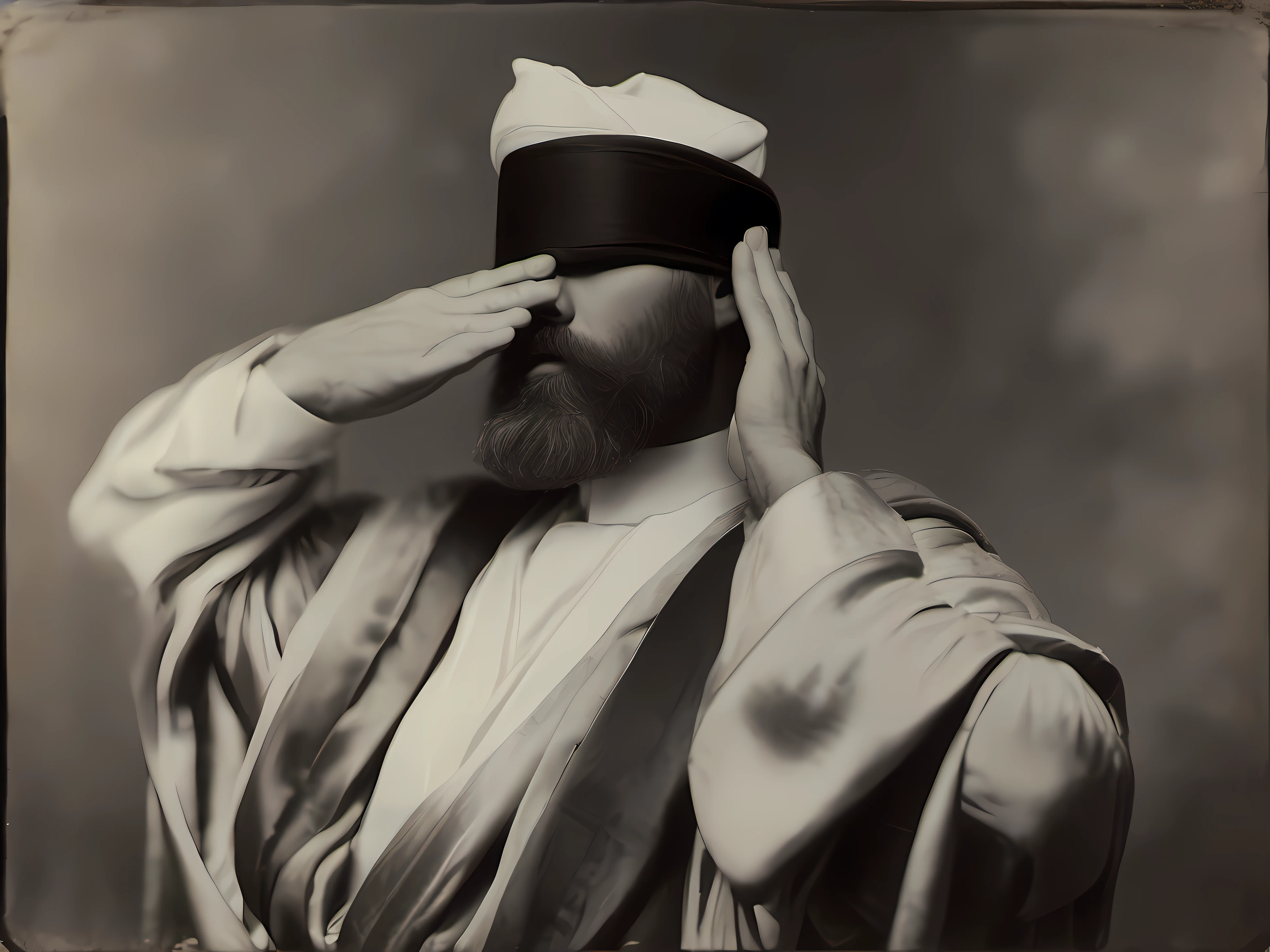 Male hands touching the blindfolded eyes of a bearded man in antique robes