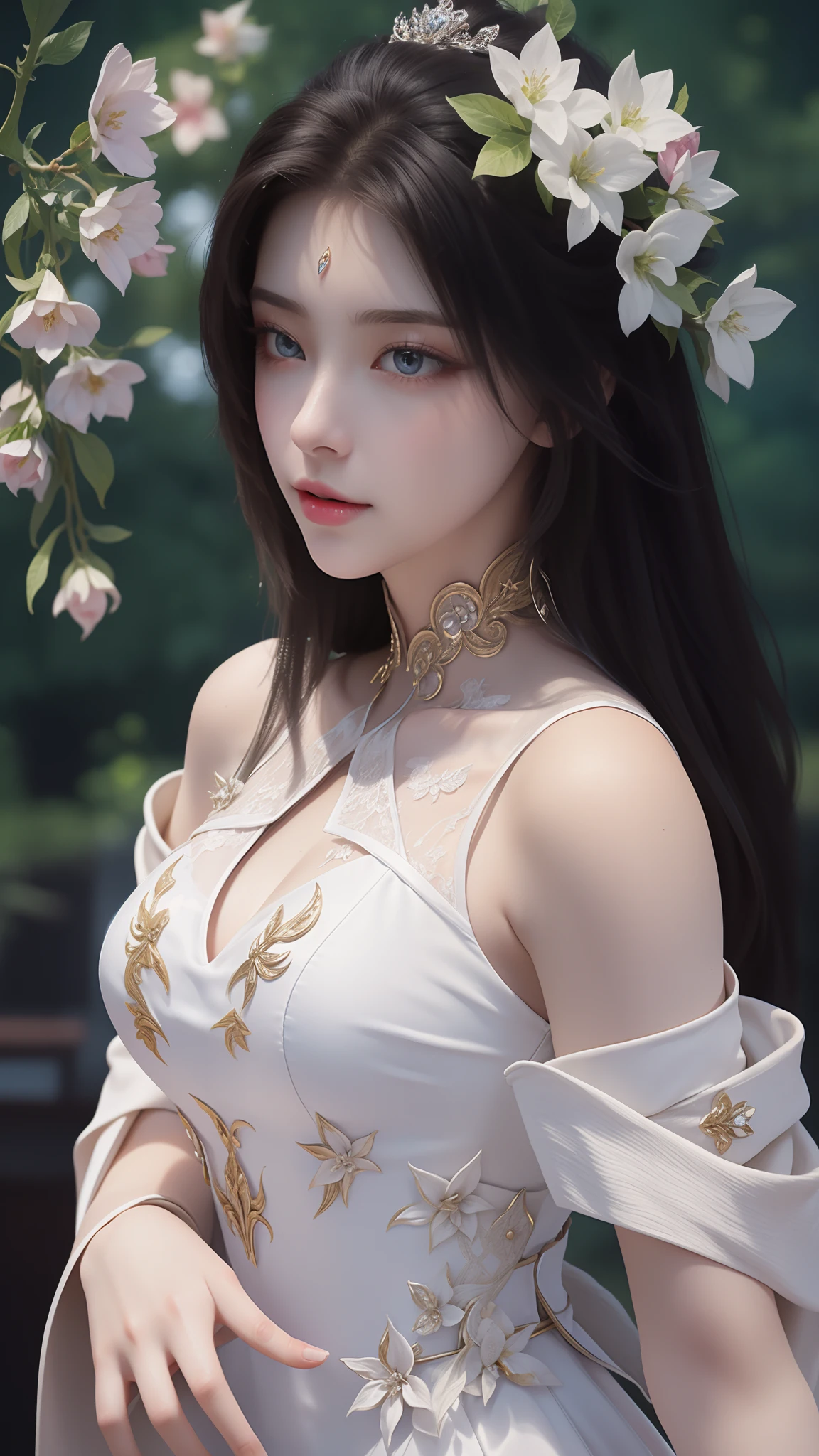 tmasterpiece,Best picture quality,HD 8K wallpaper,Beautiful picture,Elegant single woman,Round dress,Shiny eyes,Detail at its best,An exquisite masterpiece,Pure beauty and lightness,Moderately aesthetic,Gentle and elegant,Attention to detail,Cyan white lace round princess dress,Immortal