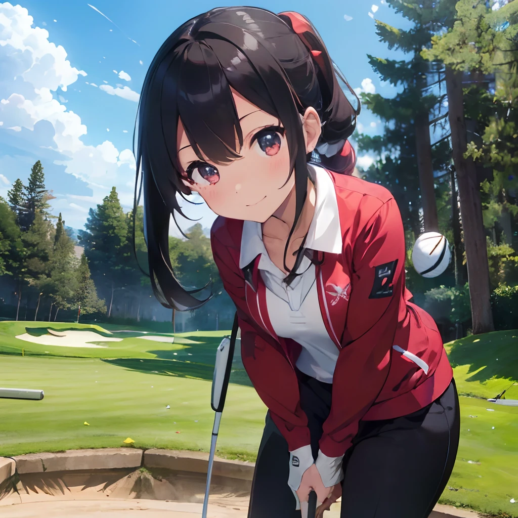 masutepiece, Best Quality, 8K_Wallpaper, (Beautiful eyes), ((Cute)), Cute, (lovely), (Golf course on a sunny day),1girl in,small tits,1 schoolgirl,Standing Girl,Smile,facial close-up、portlate(((Playing golf)))、(((hitting the ball out of the bunker)))、((Golf Wear、Red jacket、Black pants))、