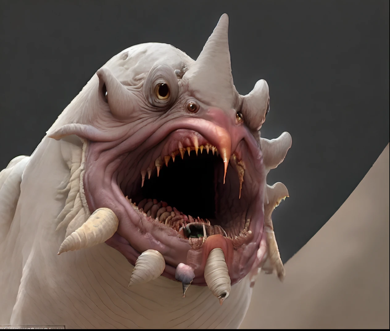 Close-up of a white creature with its mouth open, Worm mouth, nanotech demonic monster horror, worm monster, top horrible creatures, worm round mouth, Tentacles grow from its face, scary creature, you looking into the maw, microscopic details, with a tentacle - shaped tongue, A fleshy finger creature above her mouth, Terrifying creatures, Creepy macro photos, tubular creature