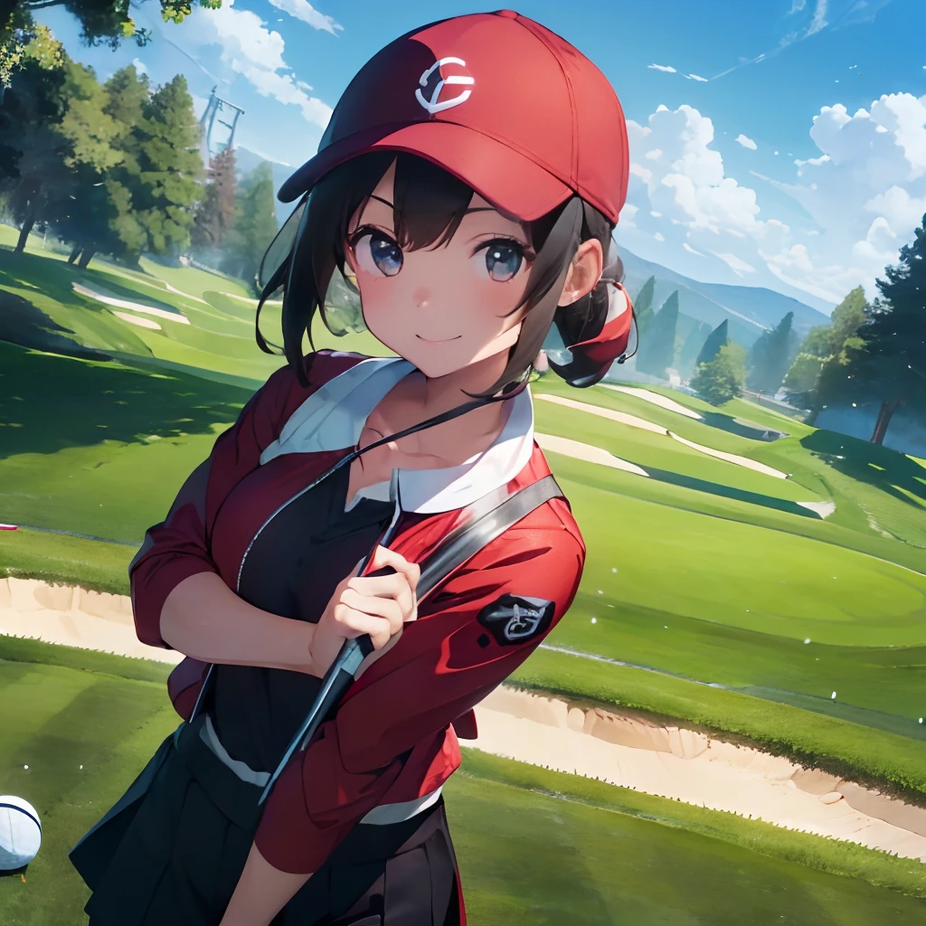 masutepiece, Best Quality, 8K_Wallpaper, (Beautiful eyes), ((Cute)), Cute, (lovely), (Golf course on a sunny day),1girl in,small tits,1 schoolgirl,Standing Girl,Smile,facial close-up、portlate(((Playing golf)))、(((hitting the ball out of the bunker)))、((Golf Wear、Red jacket、Black pants))、