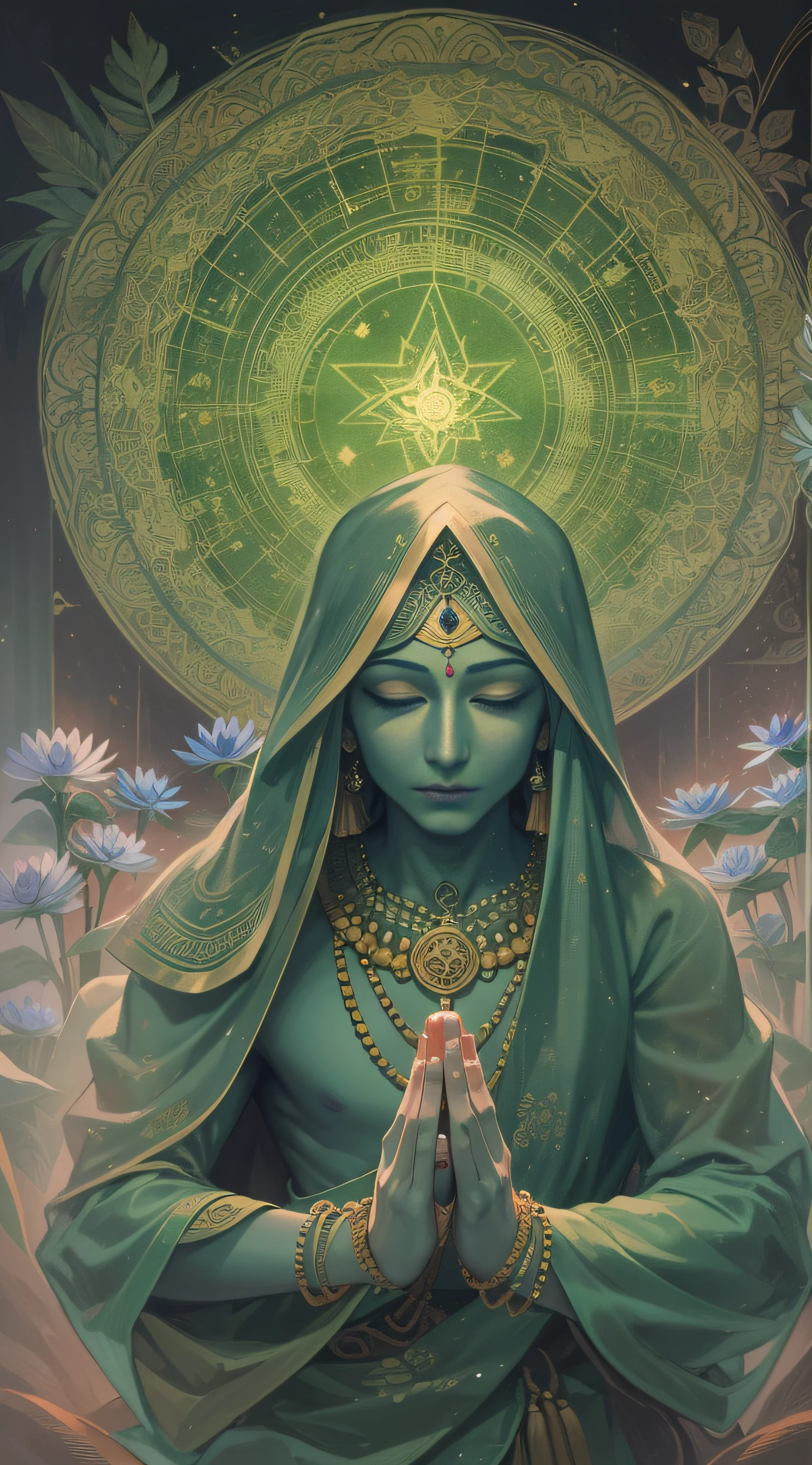 (person meditating cloaked in a green aura:1.5), incorporate symbolic elements representing the solar plexus chakra, anahata, lotus flower with twelve petals. Inside there is a smoky region at the intersection of two triangles, creating a shatkona. The shatkona is a symbol used in Hindu Yantra, representing the union of male and female. Specifically, it is meant to represent Purusha (the Supreme Being) and Prakriti (Nature). The deity of this area is Vayu, who is smoke-like and four-armed, holding a kusha and riding an antelope (this chakra's animal). The seed syllable is the dark-grey mantra "yam". In the bindu (or dot) above the syllable is the deity Isha. Isha is bright white or blue in color. He has either one or five faces, with three eyes on each face. using vibrant, ethereal green shades and colors