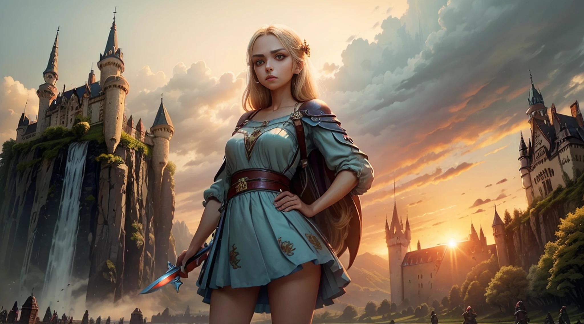 Anita, best quality, (beauty), 1 girl, render based on physics, narrow waist, thin, big eyes, long legs, (small breasts), swollen eyes, facing the castle, late afternoon, (sunset), facing the viewer, fighting posture, (holding a sword and shield), firm expression, --auto