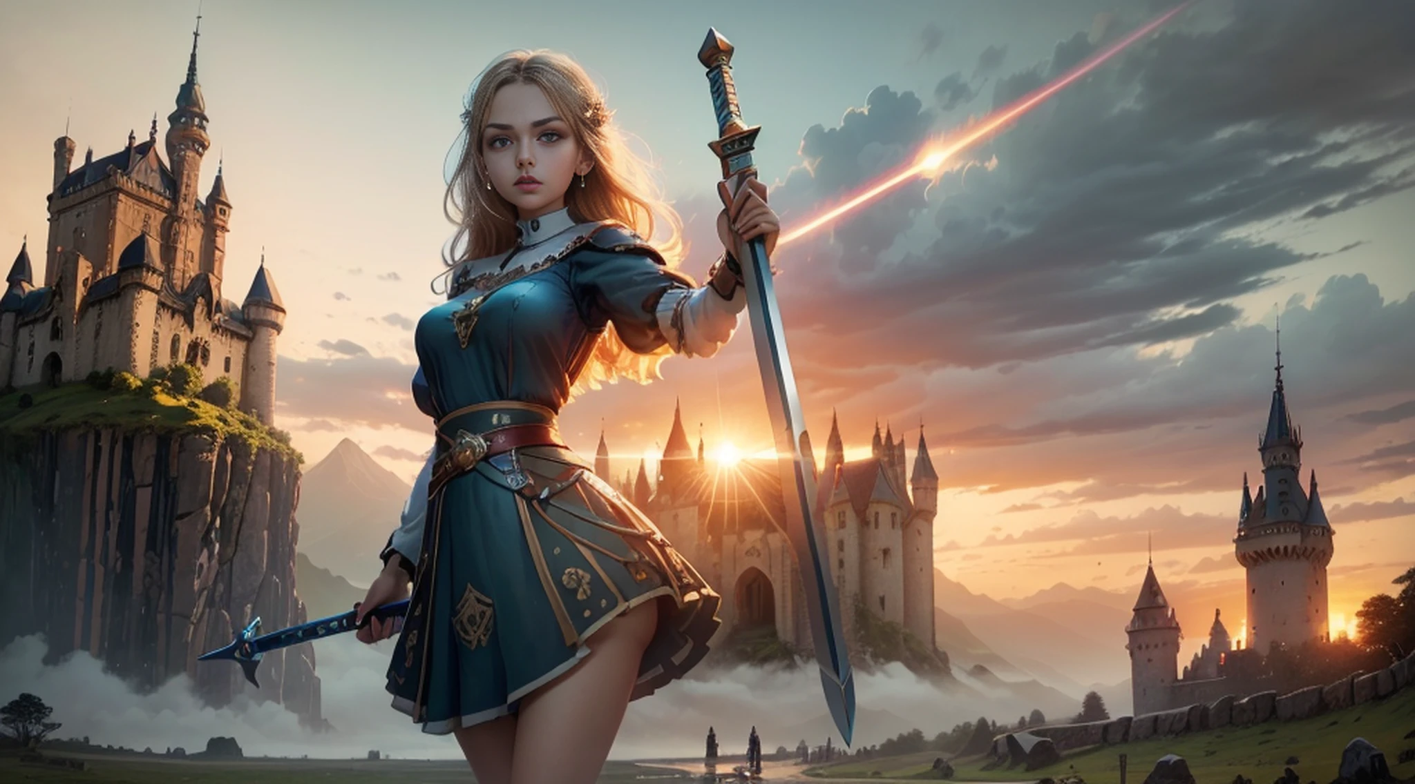 Anita, best quality, (beauty), 1 girl, render based on physics, narrow waist, thin, big eyes, long legs, (small breasts), swollen eyes, facing the castle, late afternoon, (sunset), facing the viewer, fighting posture, (holding a sword and shield), firm expression, --auto