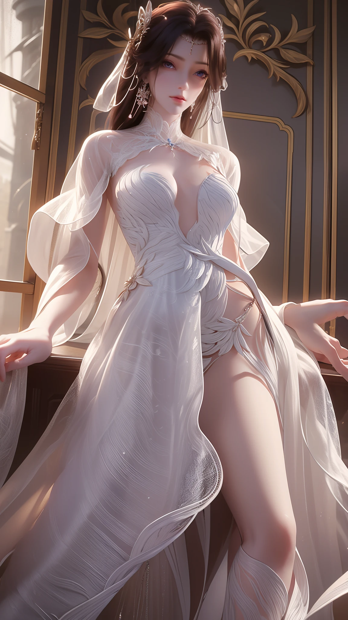 tmasterpiece，Best picture quality，HD 8K wallpaper，Beautiful picture，Elegant single woman，Round dress，Shiny eyes，Detail at its best，An exquisite masterpiece，Pure beauty and lightness，Moderately aesthetic，Gentle and elegant，Attention to detail，Round princess dress in teal and white lace，Immortal
