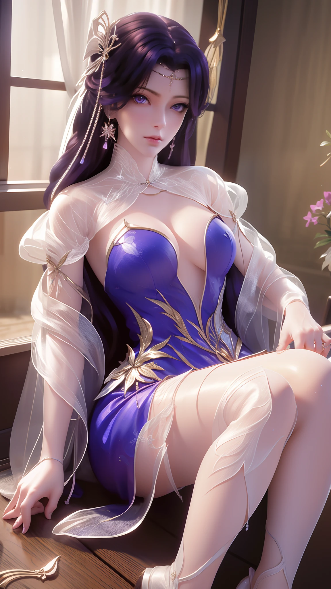 Arad woman in blue dress sitting on windowsill, cute anime waifu in a nice dress, trending on cgstation, 8K high quality detailed art, anime barbie in white stockings, highly detailed exquisite fanart, Extremely detailed Artgerm, the anime girl is crouching, flowing magical robe, beautiful and seductive anime woman, WLOP and Sakimichan