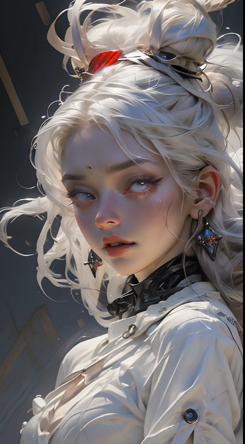 (Best Quality, Masterpiece), Best Quality, High Resolution, Masterpiece, Best Detail, 8k, Close Up, Realistic, 35mm, Intricate Detail, HDR, Intricate Detail, Ultra Detail, Natural Skin Texture, Surrealism, Sharp, Best Quality, High Resolution, white haired boy, rough hair, (One boy: 1.6), tattoos on body, piercing, rings and chains, zoomed out , dark aesthetic, crazy expressions, bloody clothes, psychopath, dressed in chief clothes, holding a butcher knife in hand, full body photo, wide view, covered in blood, highly detailed psycho expression, creepy smile, highly detailed expression, shiny bright pupils, (Best Quality, 8k, Masterpiece: 1.3), Highly detailed face and skin texture, detailed eyes, sharp jawline, add to its charm.