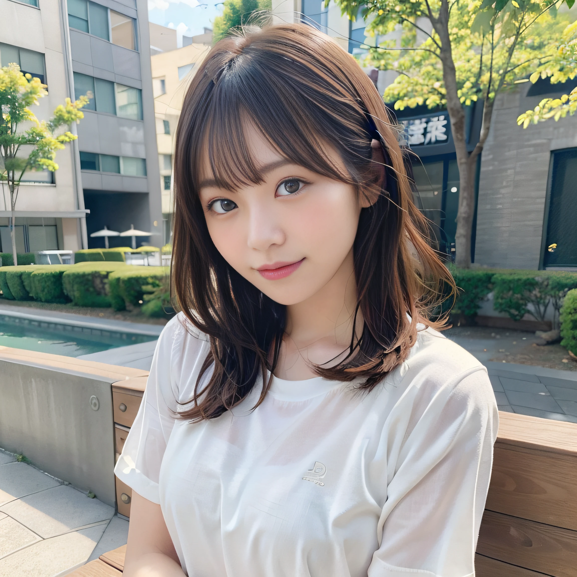 in 8K,Best Quality:1.4, 超A high resolution:1.5, (Photorealistic:1.4),​masterpiece:1.2,(top-quality:1.4)、 Raw photo、 (From the knee up:1.6, From Side:0.7), (the background is blurred), a park,FULL BODYSHOT:1.4、 1日本人の女の子, Cute, (Solo), (Shy smile), Smooth skin、ＴThe shirt、Denim shorts、 (Brown medium hair,Bangs), (touch hair:1.4)、nogizaka、cute little、Supple fingertips,Beautiful black eyes、natural skin textures:1.3, realistic eyes and face details:1.7、middlebreasts、Gravure Pose：1.1、Toned buttocks、gazing at viewer,sit on a bench