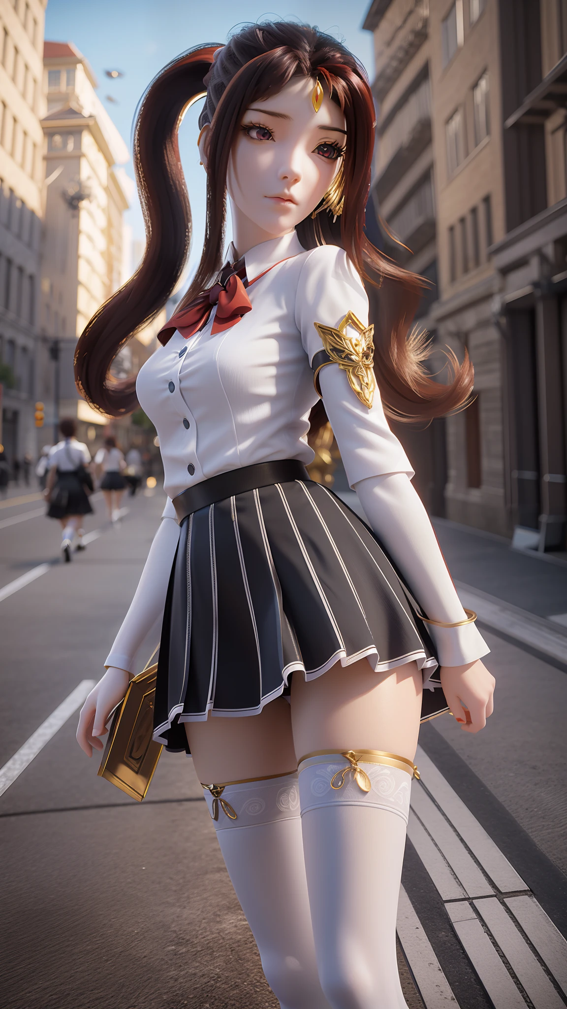 Arad woman poses for a photo in a short skirt and white shirt, Surrealism female students, Surrealism female students, Realistic schoolgirl, photorealistic anime girl rendering, thighhighs and skirt, 3 d anime realistic, small curvaceous , wearing skirt and high socks, Photorealistic anime, cute female student, Realistic anime 3 D style, Female Student