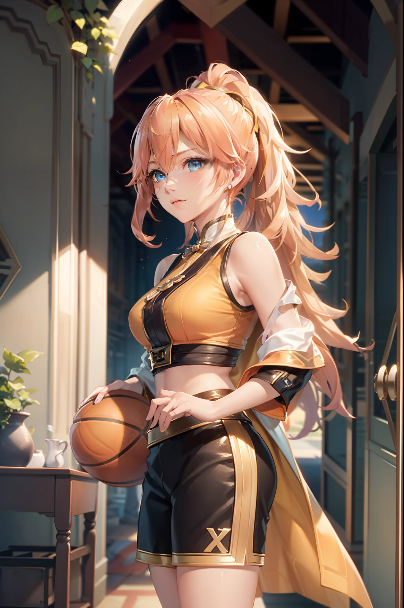 tmasterpiece, Best quality, (Detailed eyes and skin), ((Realistic)), jixiaoman, 1girll,A girl plays basketball,Blonde_Hair, Pink_Hair, Yellow_clothes, black_clothes, Blue_Eyes, Blue_sky, Blurry, Blurry_Background, Blurry_foreground,, mediating_Breasts, Exercise_bblurry,nase,exteriors,photore_\(curly\),A plant,short detailed hair,独奏,