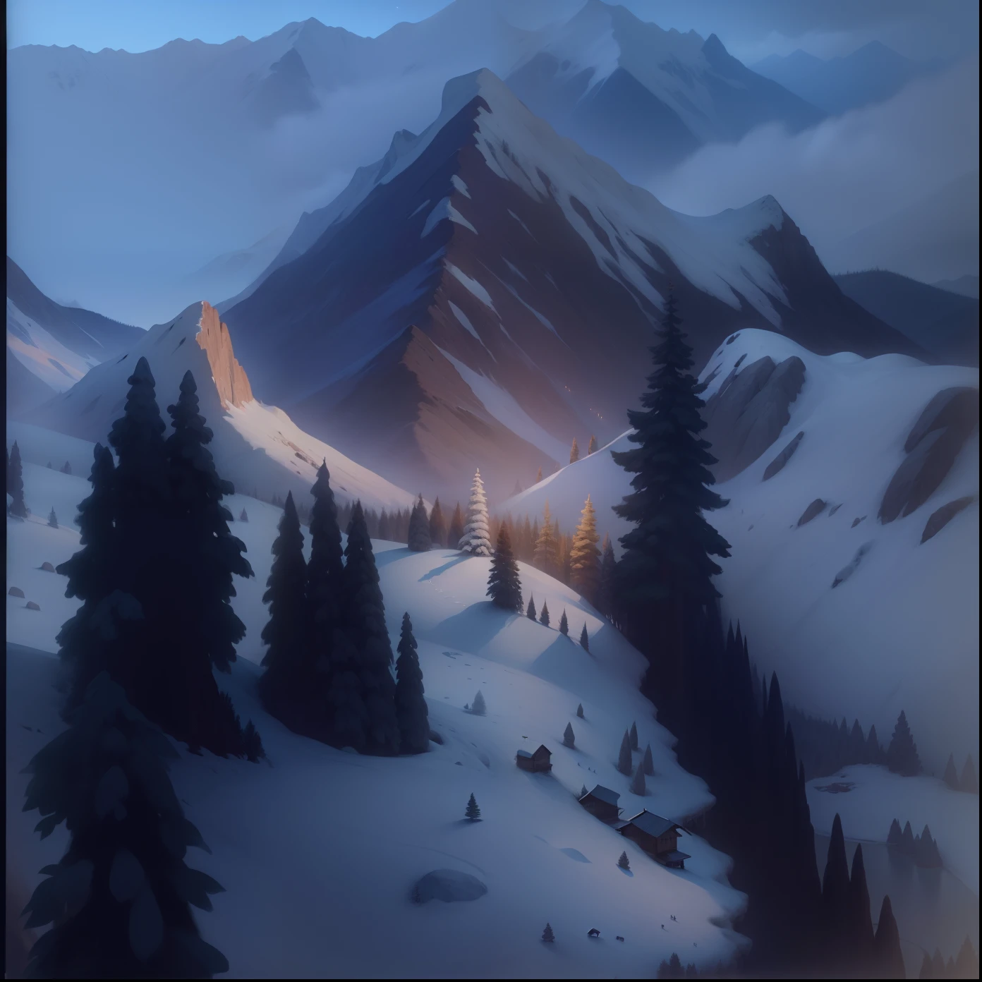 This is a landscape picture。。,There are trees,There are mountains,There are chickens