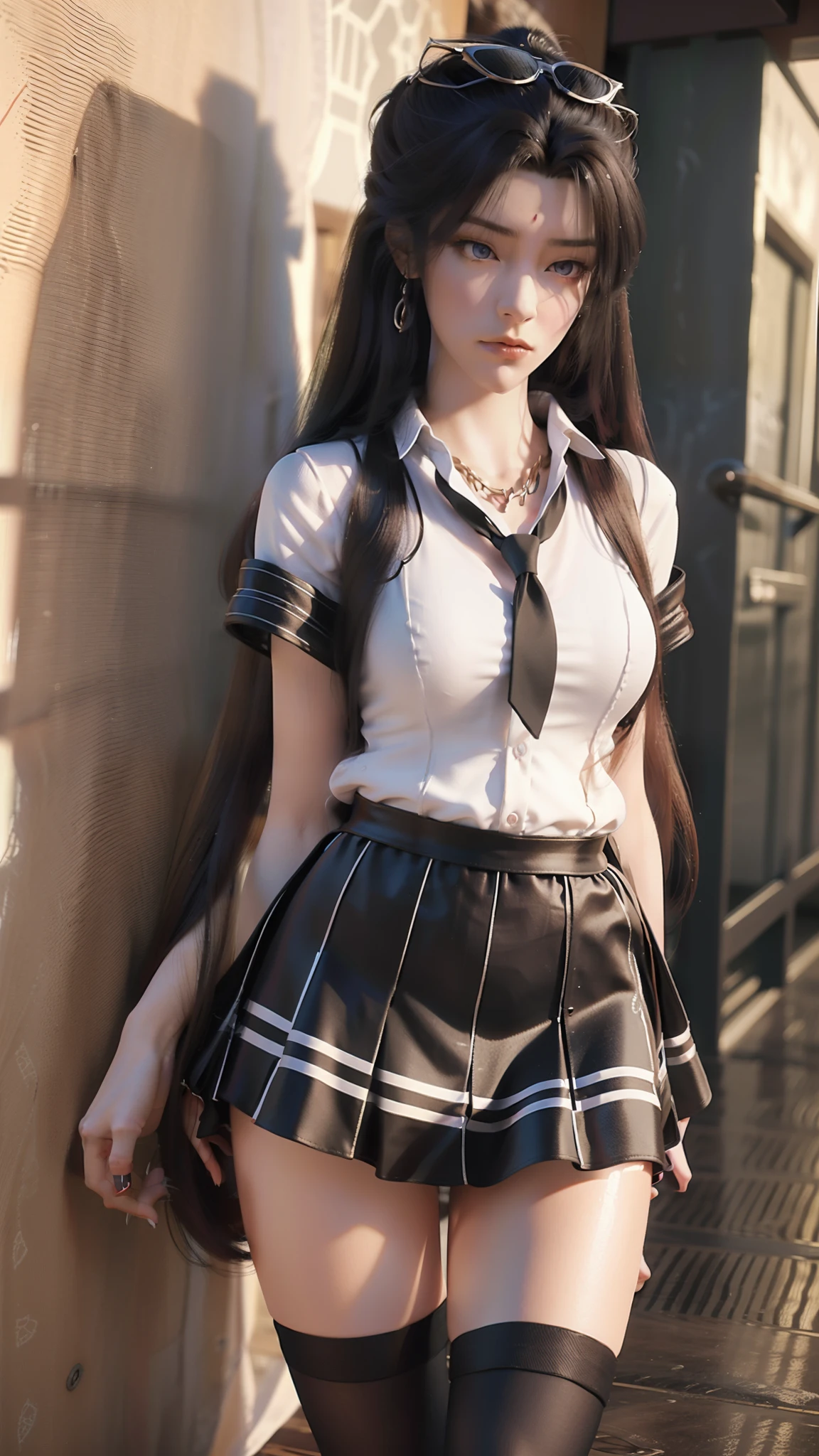 Arad woman posing for photo in short skirt and white shirt, Surrealism female students, Surrealism female students, Realistic schoolgirl, photorealistic anime girl rendering, thighhighs and skirt, 3 d anime realistic, small curvaceous loli, wearing skirt and high socks, Photorealistic anime, cute female student, Realistic anime 3 D style, female student