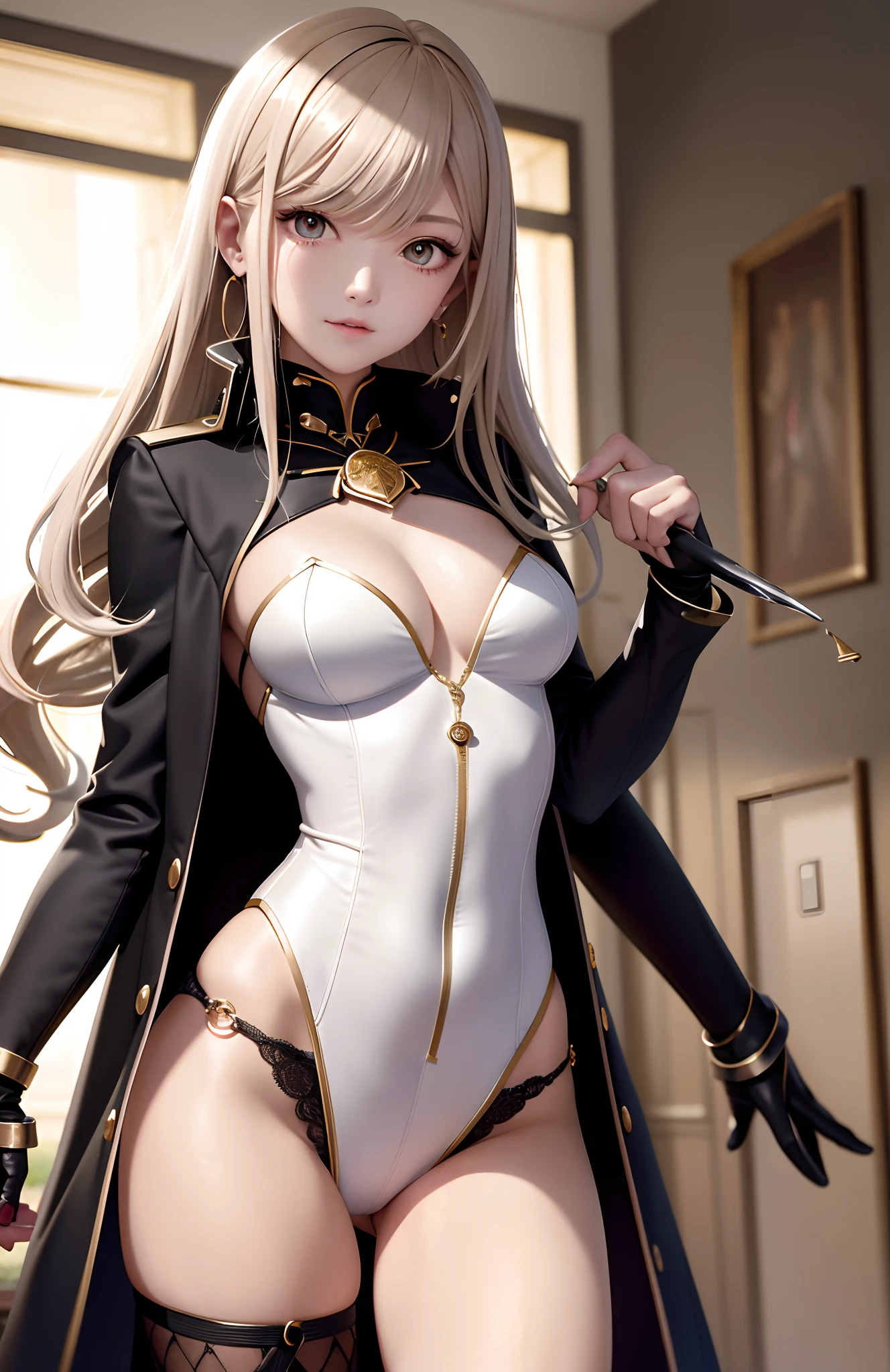 optimum，tmasterpiece，A high resolution，best qualtiy，hyper HD，super detailing，Award-Awarded，16k，独奏，（The upper part of the body），anatomy correct，Beautiful steampunk girl，Lady Knight，cute  face，high light，Gradient Beige Hair，Hairline，（（Scarlet eyes）），long eyelasher，Hanging eye corners，White skin of the，（small boobs），（Slim body），（Heart armor），（（College uniform with suit jacket）），（），ear studs，（neck rings），（Metal Material Apparel：1.2）