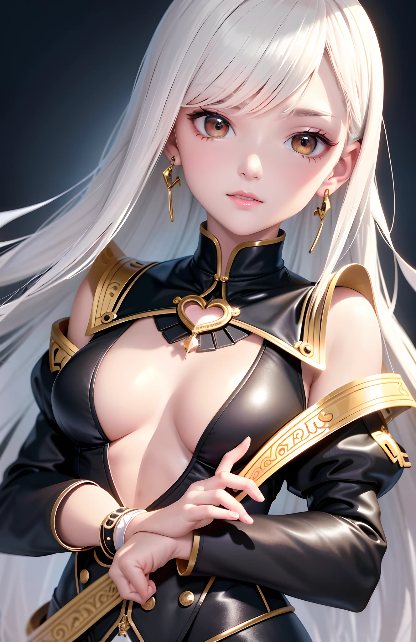 optimum,tmasterpiece,A high resolution,best qualtiy,hyper HD,super detailing,Award-Awarded,16k,独奏,(The upper part of the body),anatomy correct,Beautiful steampunk girl,Lady Knight,cute face,high light,Gradient Beige Hair,Hairline,((Scarlet eyes)),long eyelasher,Hanging eye corners,White skin of the,(small boobs),(Slim body),(Heart armor),((College uniform with suit jacket)),(),ear studs,(neck rings),(Metal Material Apparel:1.2)