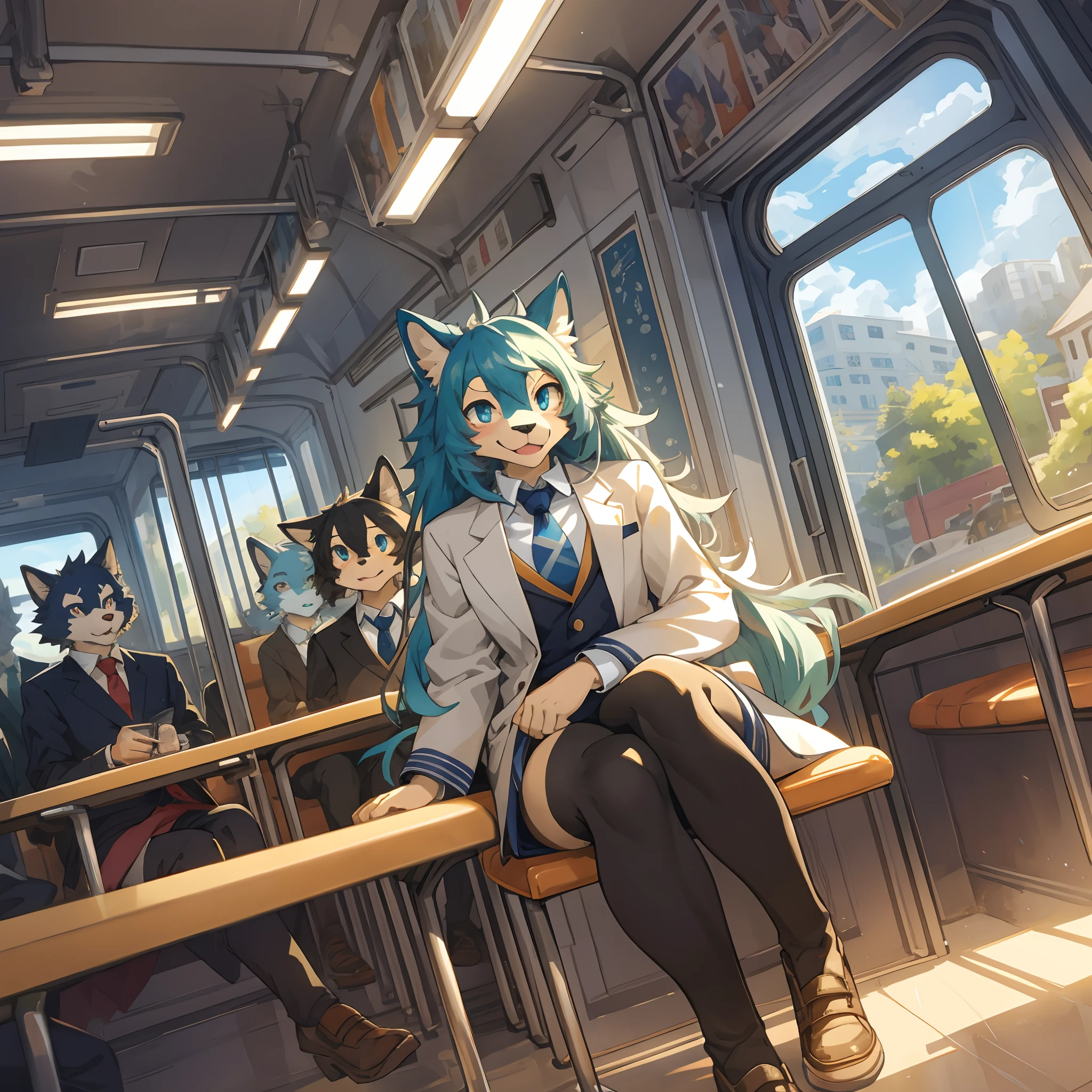 top quality, best quality, High-quality illustrations, masterpiece, super high resolution, detailed background, train interior, salary, suits, student, standing, sitting, Tyndall phenomenon, 6+boys, 6+girls, absurdres(highly detailed beautiful face and eyes)perfect anatomy, expression, good lighting, cinematic shadow(kemono, furry anthro)assorted poses, dynamic angle,