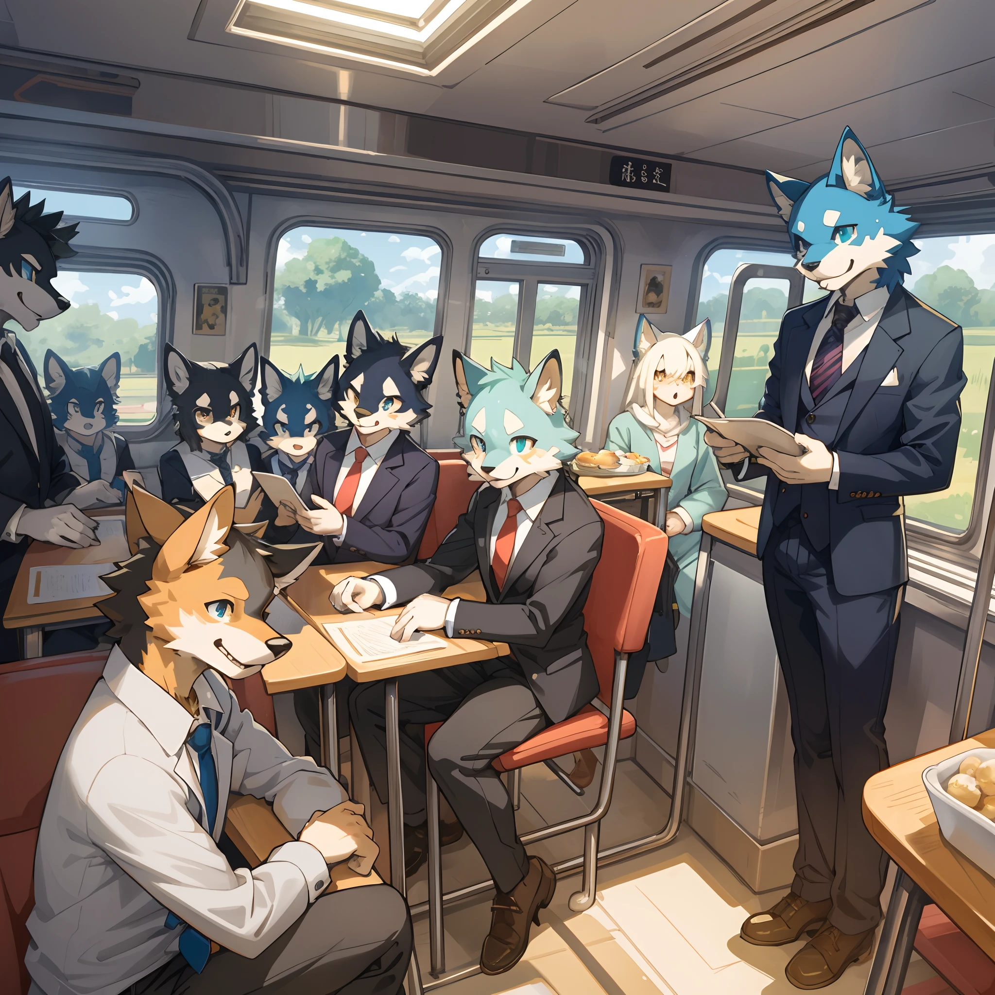 top quality, best quality, High-quality illustrations, masterpiece, super high resolution, detailed background, train interior, salary, suits, student, standing, sitting, Tyndall phenomenon, 6+boys, 6+girls, absurdres(highly detailed beautiful face and eyes)perfect anatomy, expression, good lighting, cinematic shadow(kemono, furry anthro)assorted poses, dynamic angle,