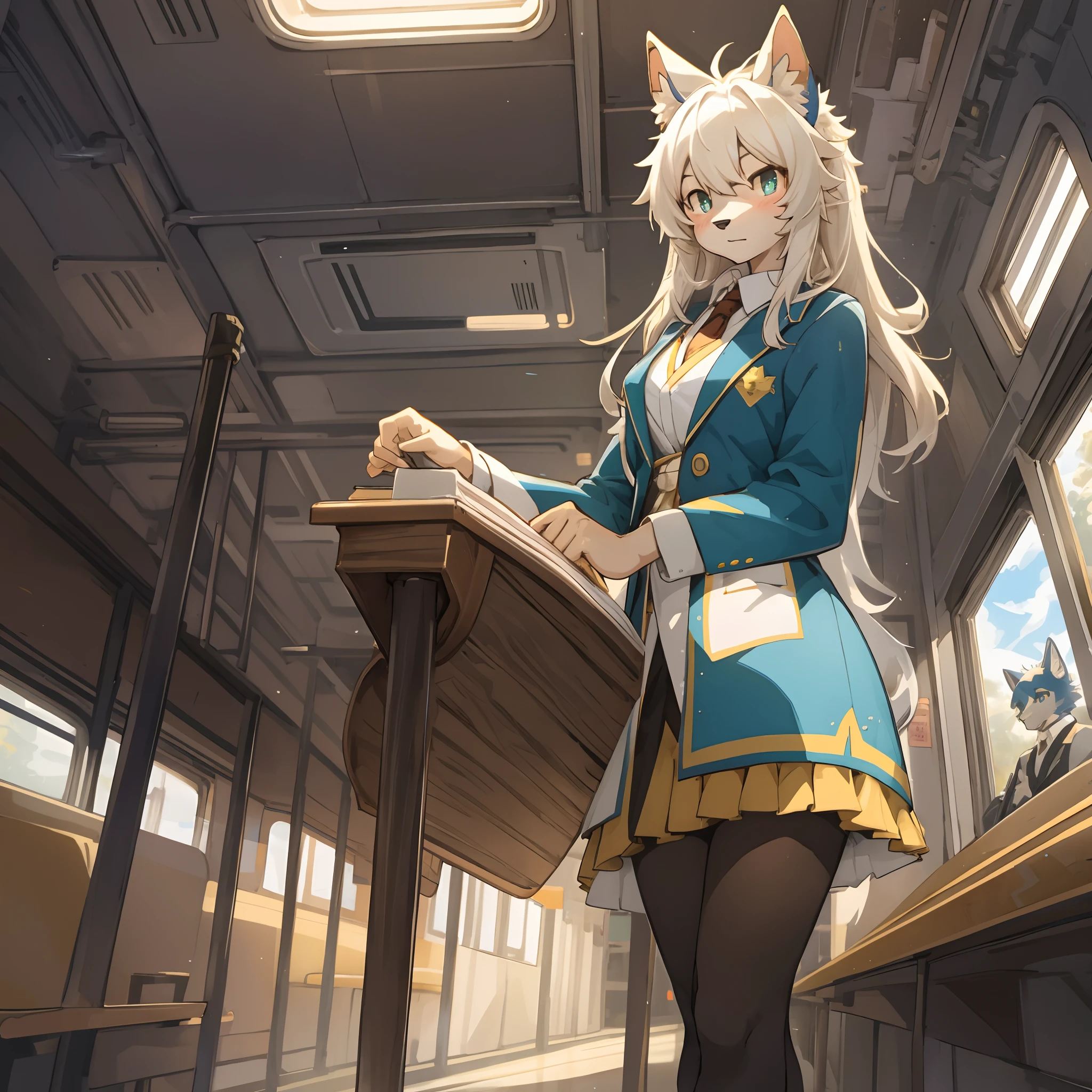 top quality, best quality, High-quality illustrations, masterpiece, super high resolution, detailed background, train interior, salary, suits, student, standing, sitting, Tyndall phenomenon, 6+boys, 6+girls, absurdres(highly detailed beautiful face and eyes)perfect anatomy, expression, good lighting, cinematic shadow(kemono, furry anthro)assorted poses, dynamic angle,
