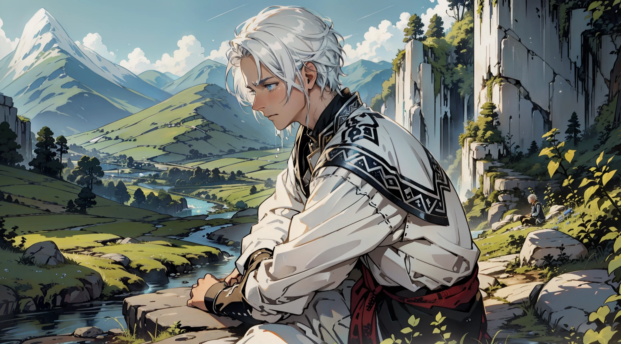 Close-up, young man with white hair and blue eyes sitting on a rock and crying, a valley in background, Tears on the cheeks