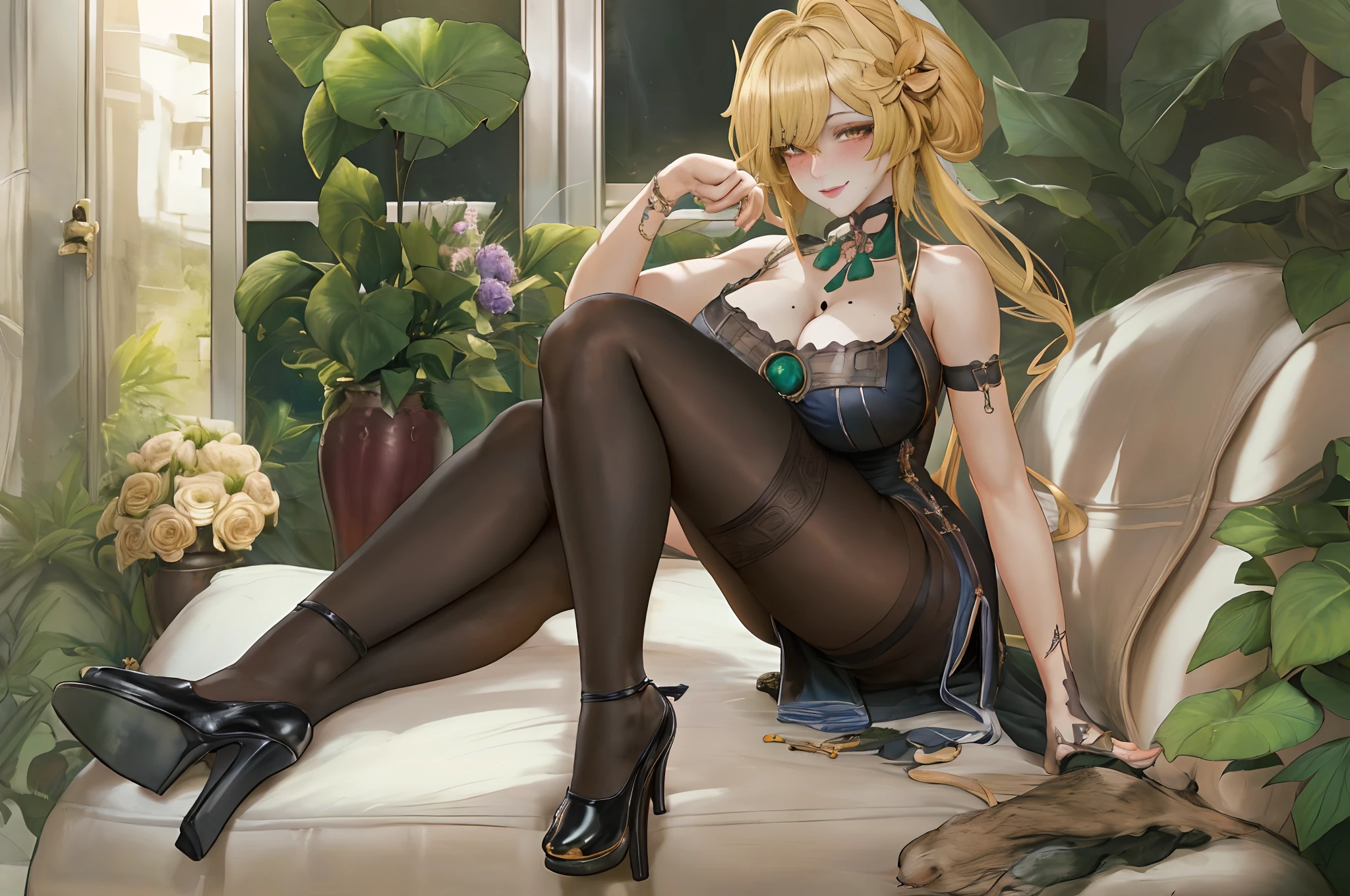 masutepiece, Best Quality, extra detailed face, Sharp details, Perfect Lighting,(Finer details:1.1),1人の女性,Solo, (huge-breasted:1.2), Choker,blush, Looking at Viewer, Mole, (Mole under the eyes:1.1),cleavage, Thigh, sideboob barbosa, Black Gloves, (qipao dress, Golden dress) , black thigh highs, high-heels,(Jewelry:1.1),(Hair Ornament:1.1),Cowboy Shot, Sit on the sofa, From below,(Full body:1.2), (Indoor ,Fine background, Plants, Flowers, vases, windows),seducting smile,blonde  hair,
Jianling Guimen