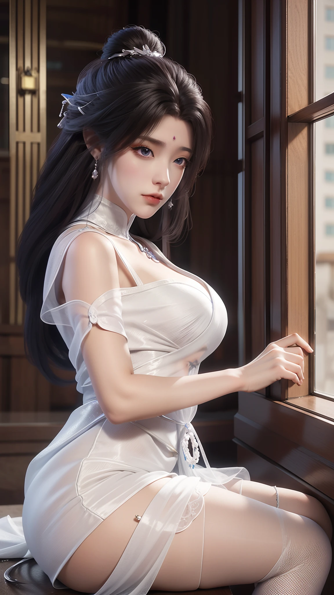 Arad woman in blue dress sitting on windowsill, cute anime waifu in a nice dress, trending on cgstation, 8K high quality detailed art, anime barbie in white stockings, highly detailed exquisite fanart, Extremely detailed Artgerm, the anime girl is crouching, flowing magical robe, beautiful and seductive anime woman, WLOP and Sakimichan