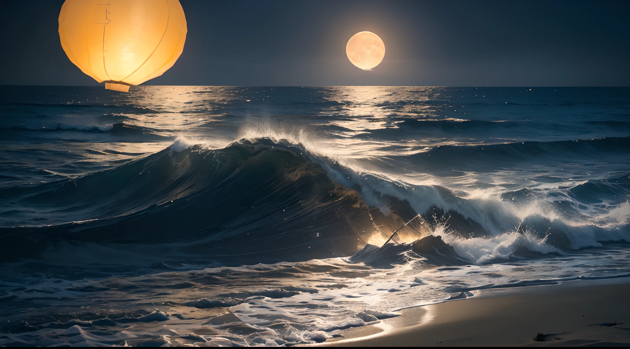 (moonlit night),(on the beach,crashing waves),(dramatic lighting),(silhouettes),(sparkling sand),(peaceful and relaxing atmosphere), 100s of paper lanternsin sky, lots of paper beautiful lanterns in sky, beautiful huge moon