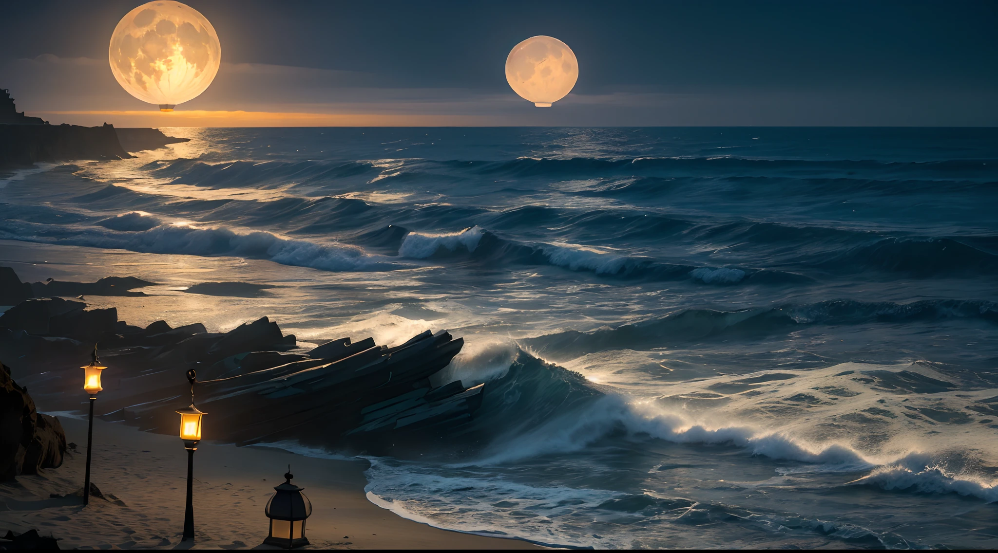 (moonlit night),(on the beach,crashing waves),(dramatic lighting),(silhouettes),(sparkling sand),(peaceful and relaxing atmosphere), 100s of paper lanternsin sky, lots of paper beautiful lanterns in sky, beautiful huge moon