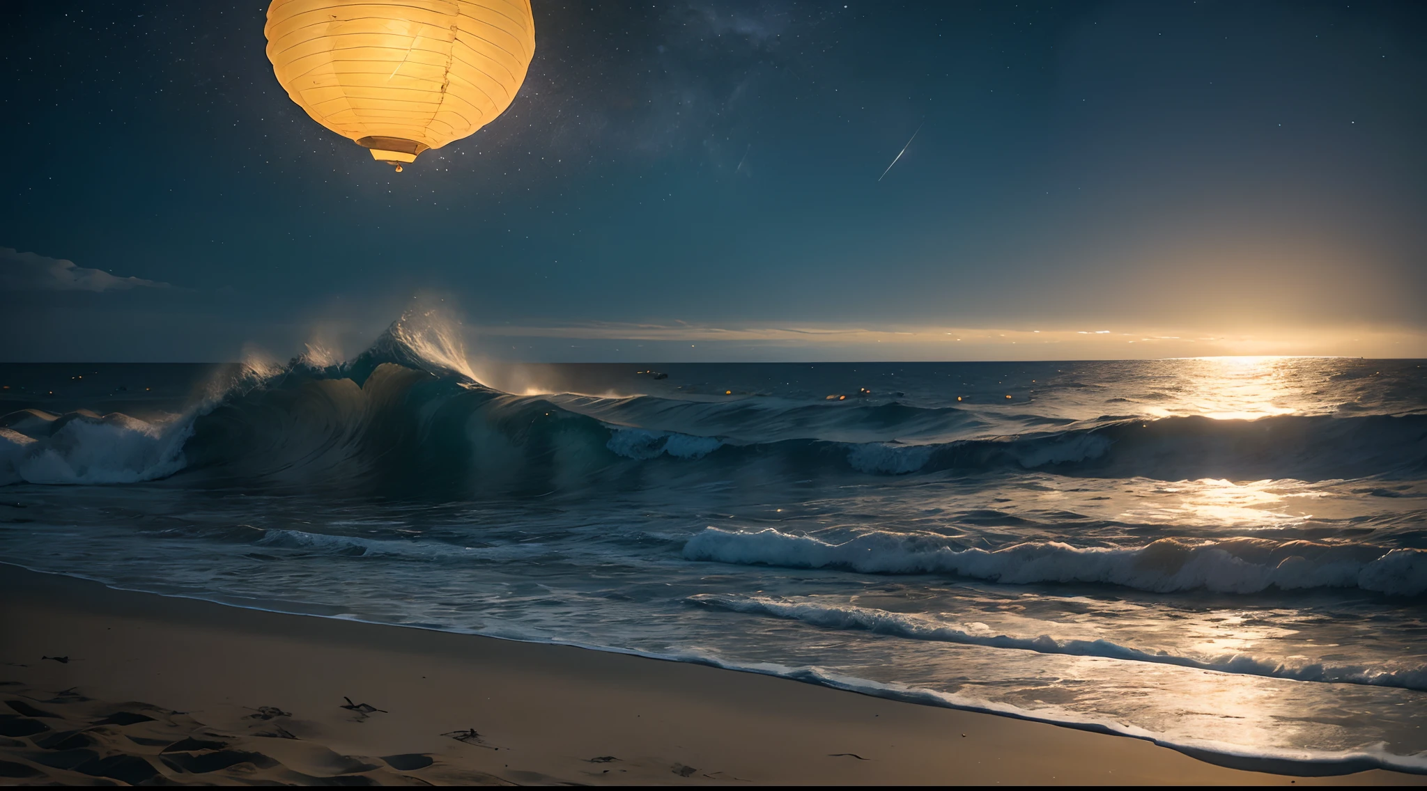 (moonlit night),(on the beach,crashing waves),(dramatic lighting),(silhouettes),(sparkling sand),(peaceful and relaxing atmosphere), 100s of paper lanternsin sky, lots of paper beautiful lanterns in sky, beautiful huge moon