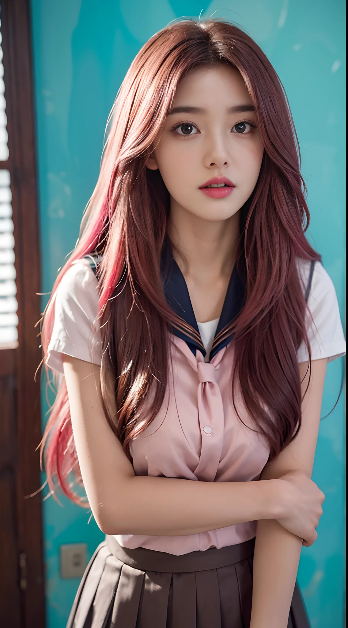 Camera shot,Close-up,A high resolution,Extreme detail,16k,one-girl,Exquisite and perfect facial features,with a round face,Big sweet eyes with lying silkworms,Extremely precise body structure,(Sailor school uniform:1.25),((pleatedskirt)),(Detal Face:1.2):0.2,RAW photogr,(tmasterpiece),(best qualtiy),high rise,(photorealestic,photographrealistic:1.2)),ultra - detailed,physically-based renderingt,1girll,Air bangs,long whitr hair,(deep pink hair),wavey hair,Bust photo,Interior wall background