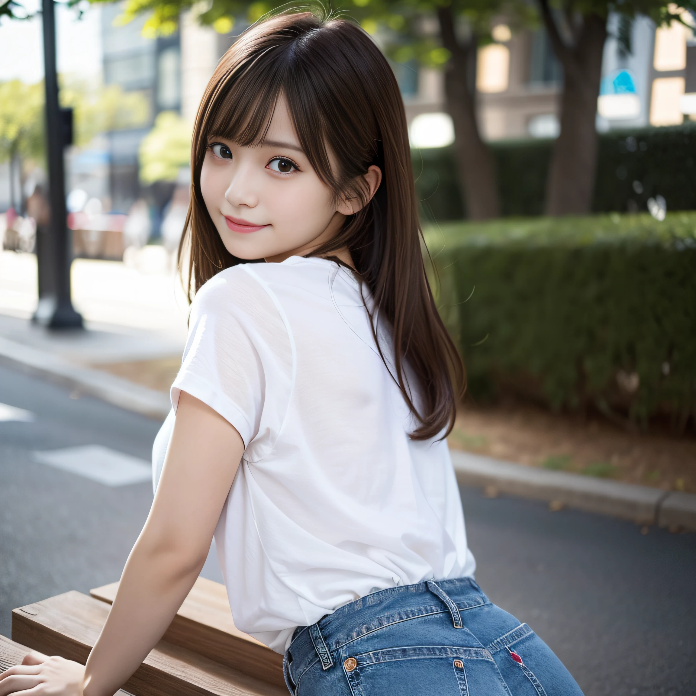in 8K,Best Quality:1.4, 超A high resolution:1.5, (Photorealistic:1.4),masterpiece:1.2,(top-quality:1.4)、 Raw photo、 (From the knee up:1.8, From Side:0.7), (the background is blurred), a park,FULL BODYSHOT:1.4、 1日本人の女の子, Cute, (Solo), (Shy smile), Smooth skin、TThe shirt、Denim shorts、 (Brown medium hair,Bangs), (touch hair:1.4)、nogizaka、cute little、Supple fingertips,Beautiful black eyes、natural skin textures:1.3, realistic eyes and face details:1.7、middlebreasts、Gravure Pose:1.1、Toned buttocks:1.2、gazing at viewer、backshots
